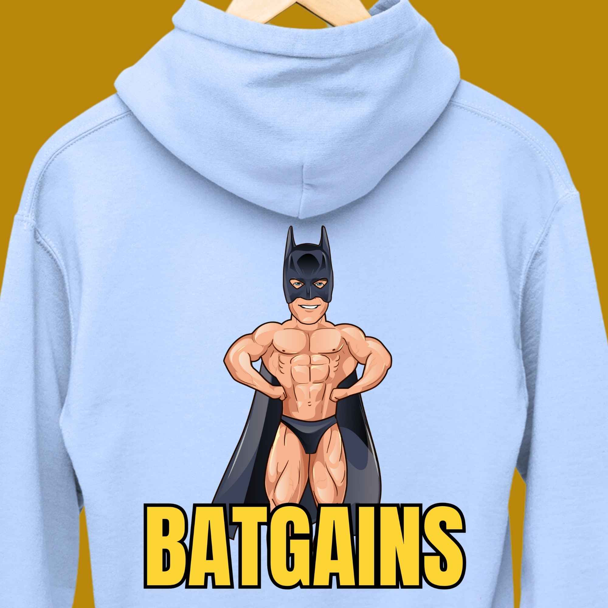 hoodie, for adults, women and men, size S, M, L, XL, 2XL, 3XL, round neckline, crew neck, fabric cotton, price starting from $29.99, body building, body builders, gym goers, fitness, workout, lifting, top, apparel, powerlifting, weightlifting, strength building, training, male, female, weight lifting, bar, weights, color blue, back print, funny, quote, parody, Batgains, bat gains, Arnold Schwarzenegger, Batman, Arnie, Bat Man, comedy, character