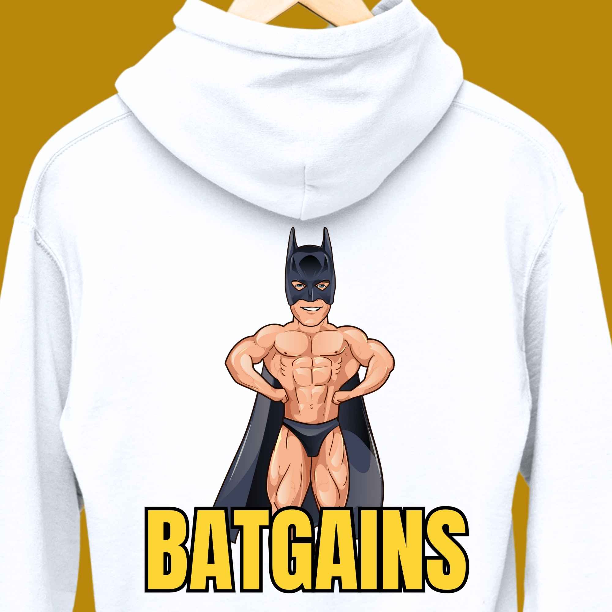 hoodie, for adults, women and men, size S, M, L, XL, 2XL, 3XL, round neckline, crew neck, fabric cotton, price starting from $29.99, body building, body builders, gym goers, fitness, workout, lifting, top, apparel, powerlifting, weightlifting, strength building, training, male, female, weight lifting, bar, weights, color white, back print, funny, quote, parody, Batgains, bat gains, Arnold Schwarzenegger, Batman, Arnie, Bat Man, comedy, character