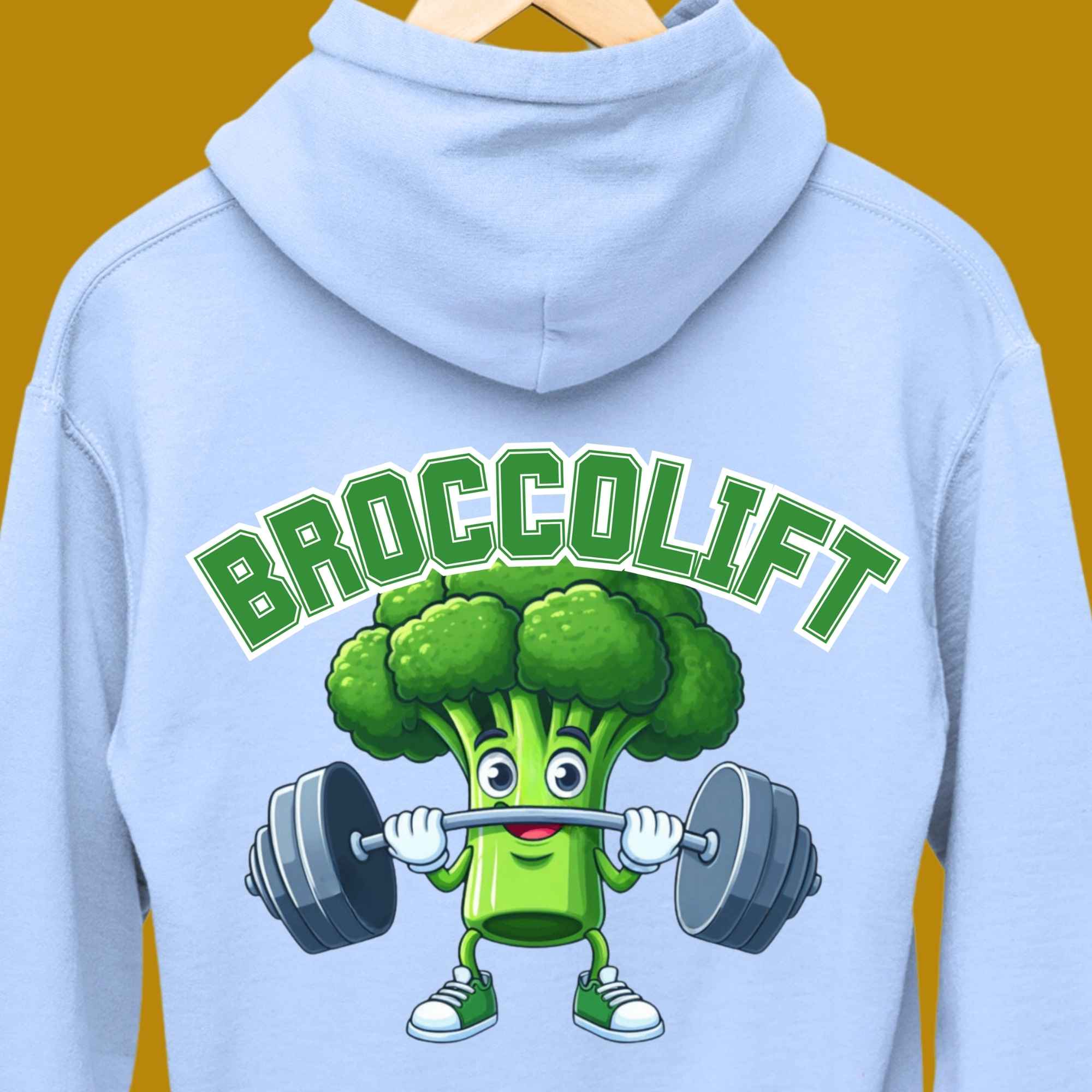 hoodie, for adults, women and men, size S, M, L, XL, 2XL, 3XL, round neckline, crew neck, fabric cotton, price starting from $29.99, body building, body builders, gym goers, fitness, workout, lifting, top, apparel, powerlifting, weightlifting, strength building, training, male, female, weight lifting, bar, weights, color blue, back print, funny, quote, parody, broccolift, brocco lift, comedy, character, vegetable, veggie, brokkoli, broccoli, bar, weights, college, cute