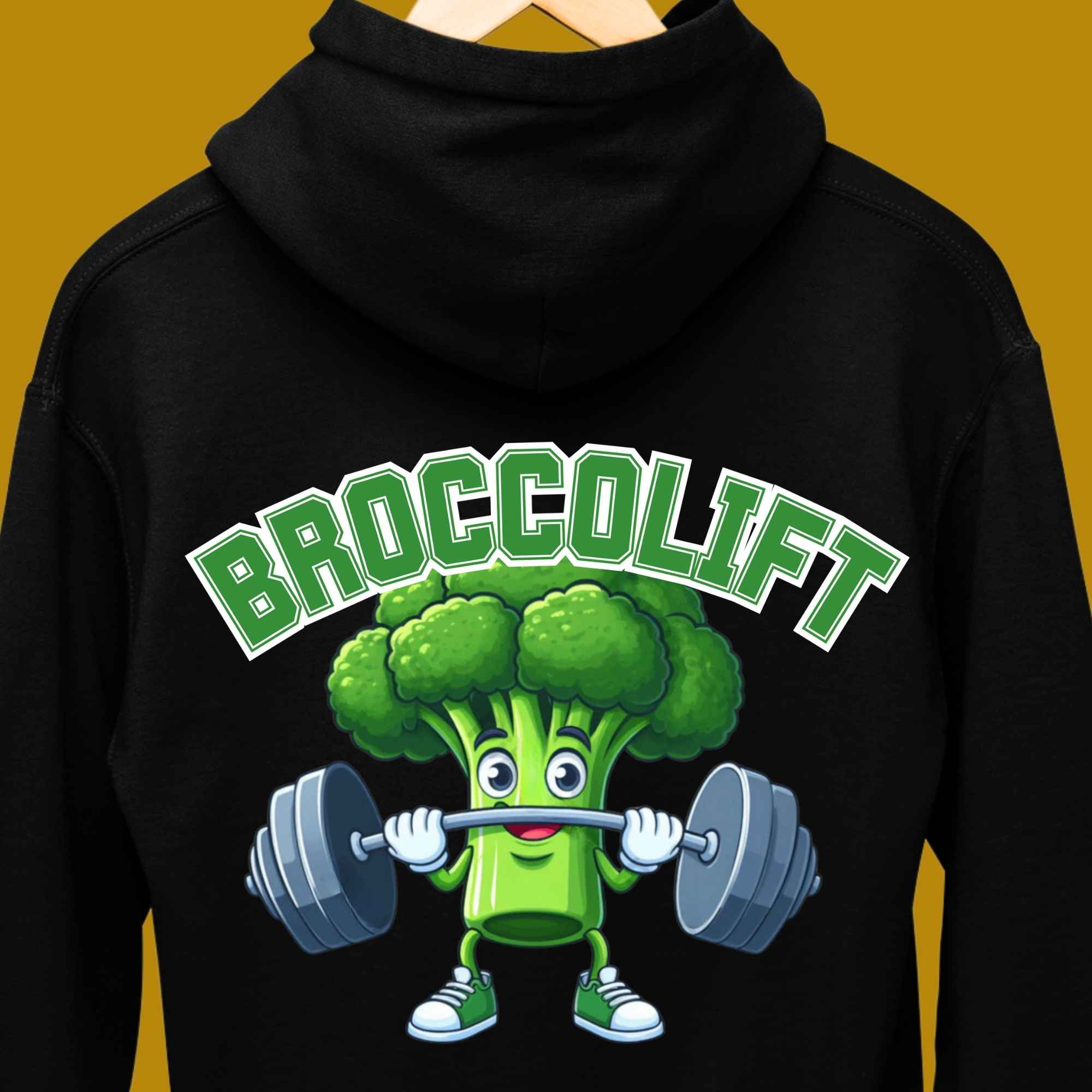 hoodie, for adults, women and men, size S, M, L, XL, 2XL, 3XL, round neckline, crew neck, fabric cotton, price starting from $29.99, body building, body builders, gym goers, fitness, workout, lifting, top, apparel, powerlifting, weightlifting, strength building, training, male, female, weight lifting, bar, weights, color black, back print, funny, quote, parody, broccolift, brocco lift, comedy, character, vegetable, veggie, brokkoli, broccoli, bar, weights, college, cute