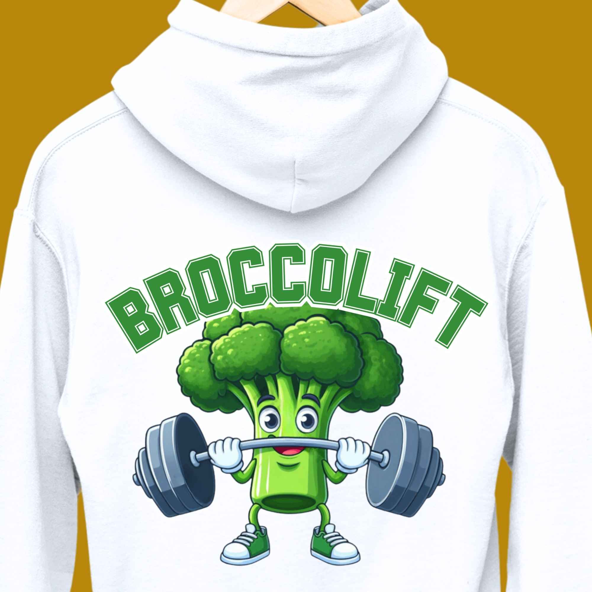 hoodie, for adults, women and men, size S, M, L, XL, 2XL, 3XL, round neckline, crew neck, fabric cotton, price starting from $29.99, body building, body builders, gym goers, fitness, workout, lifting, top, apparel, powerlifting, weightlifting, strength building, training, male, female, weight lifting, bar, weights, color white, back print, funny, quote, parody, broccolift, brocco lift, comedy, character, vegetable, veggie, brokkoli, broccoli, bar, weights, college, cute