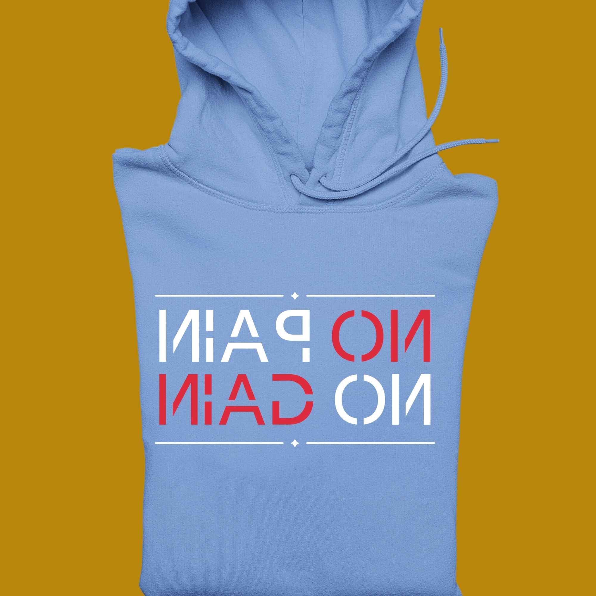 hoodie, for adults, women and men, size S, M, L, XL, 2XL, 3XL, 4XL, 5XL, round neckline, crew neck, fabric cotton, price starting from $29.99, body building, body builders, gym goers, fitness, workout, lifting, top, apparel, powerlifting, weightlifting, strength building, training, male, female, weight lifting, bar, weights, color blue, front print, funny, quote, parody, no pain no gain, motivation, basic, motivate, classic