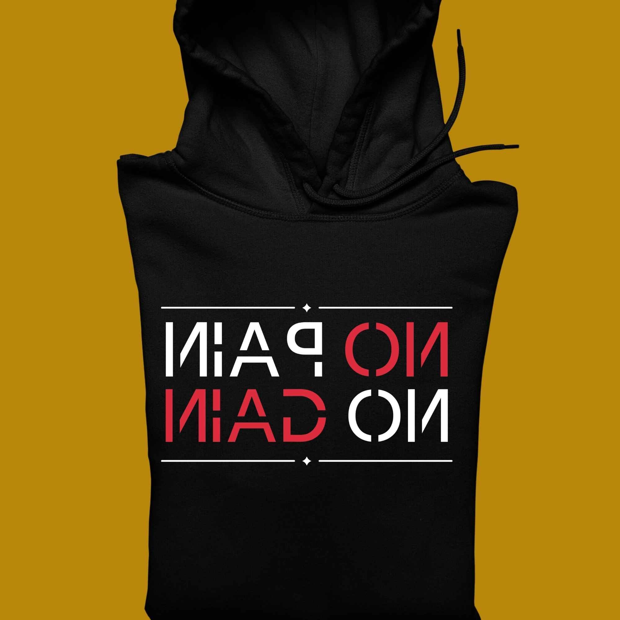 hoodie, for adults, women and men, size S, M, L, XL, 2XL, 3XL, 4XL, 5XL, round neckline, crew neck, fabric cotton, price starting from $29.99, body building, body builders, gym goers, fitness, workout, lifting, top, apparel, powerlifting, weightlifting, strength building, training, male, female, weight lifting, bar, weights, color black, front print, funny, quote, parody, no pain no gain, motivation, basic, motivate, classic