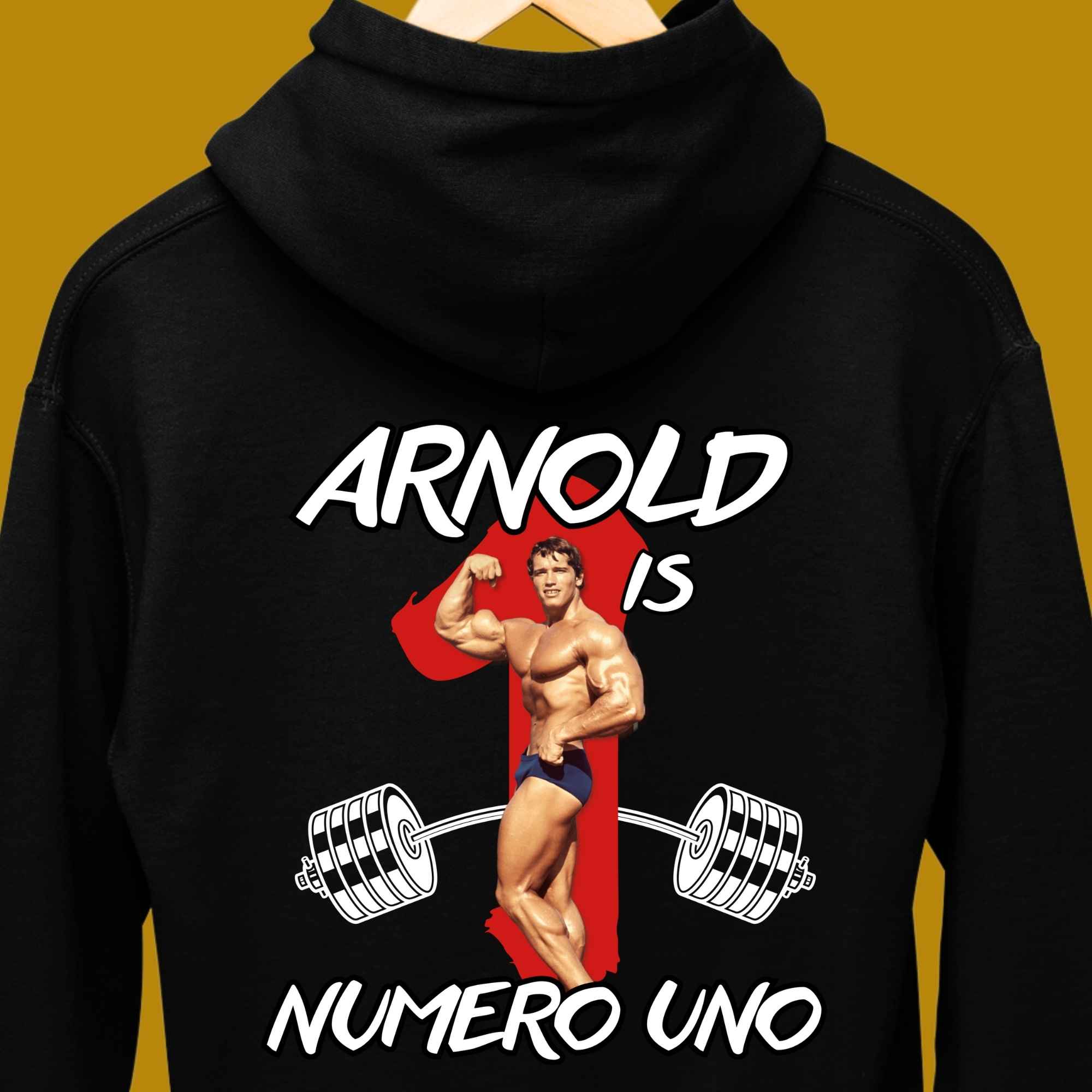 hoodie, for adults, women and men, size S, M, L, XL, 2XL, 3XL, round neckline, crew neck, fabric cotton, price starting from $29.99, body building, body builders, gym goers, fitness, workout, lifting, top, apparel, powerlifting, weightlifting, strength building, training, male, female, weight lifting, bar, weights, color black, back print, funny, quote, parody, arnold is numero uno, arnold schwarzenegger, arnie, number one