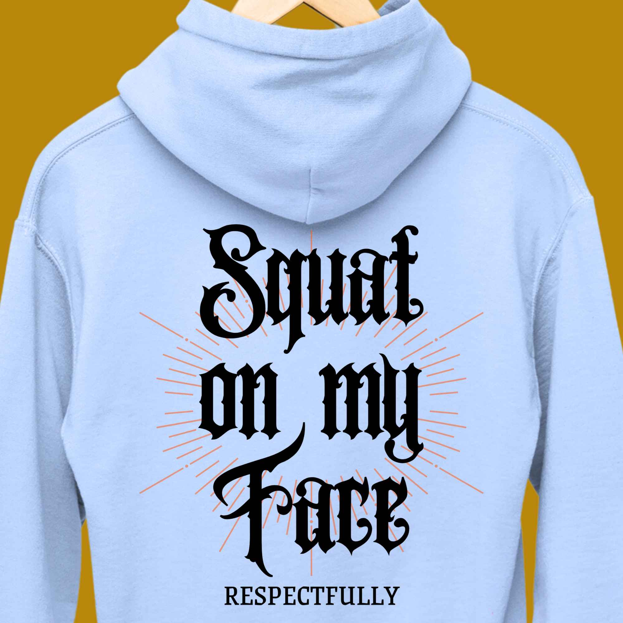 hoodie, for adults, women and men, size S, M, L, XL, 2XL, 3XL, round neckline, crew neck, fabric cotton, price starting from $29.99, body building, body builders, gym goers, fitness, workout, lifting, top, apparel, powerlifting, weightlifting, strength building, training, male, female, weight lifting, bar, weights, color blue, back print, squat on my face respectfully, squats, squatting, funny, quote