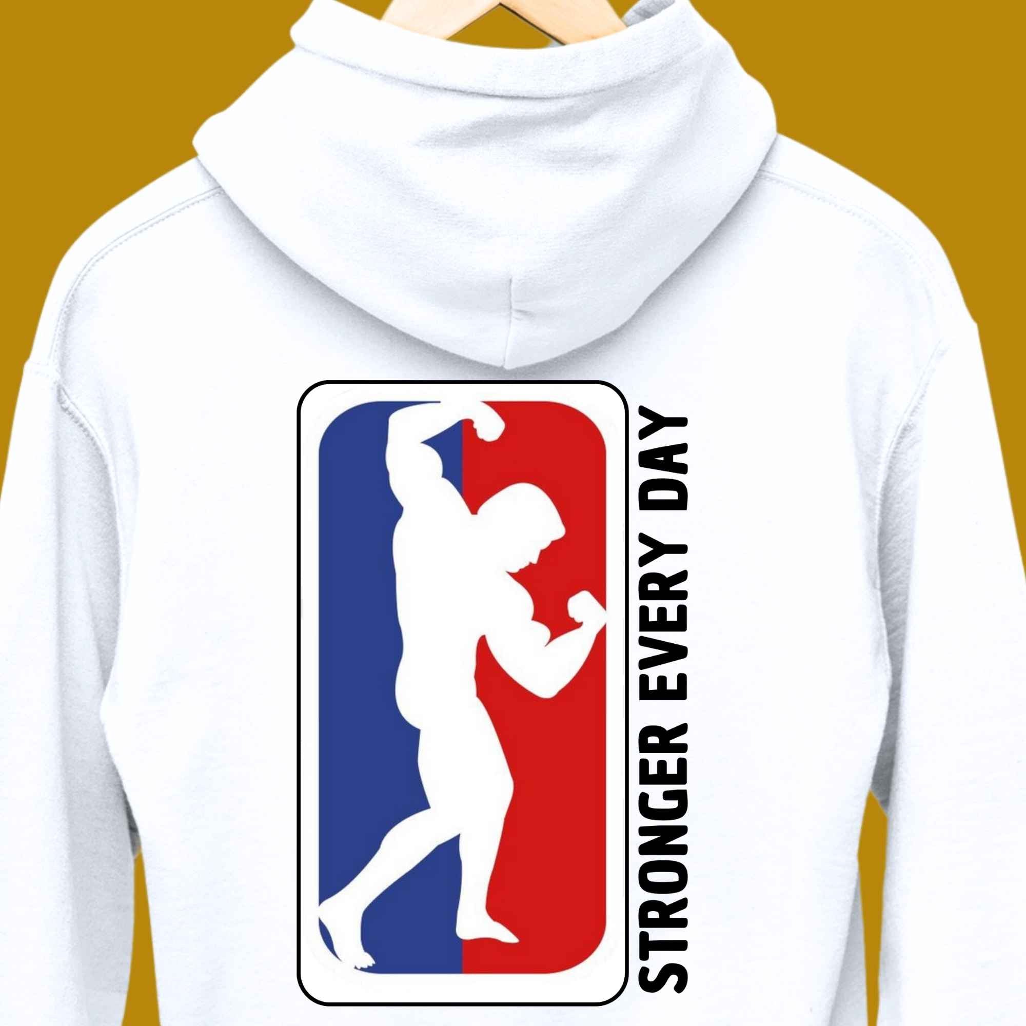 hoodie, for adults, women and men, size S, M, L, XL, 2XL, 3XL, round neckline, crew neck, fabric cotton, price starting from $29.99, body building, body builders, gym goers, fitness, workout, lifting, top, apparel, powerlifting, weightlifting, strength building, training, male, female, weight lifting, bar, weights, color white, back print, funny, quote, parody, stronger every day, stronger everyday, NBA, logo, adaptation, adapt, motivation, motivate, inspiration, inspire