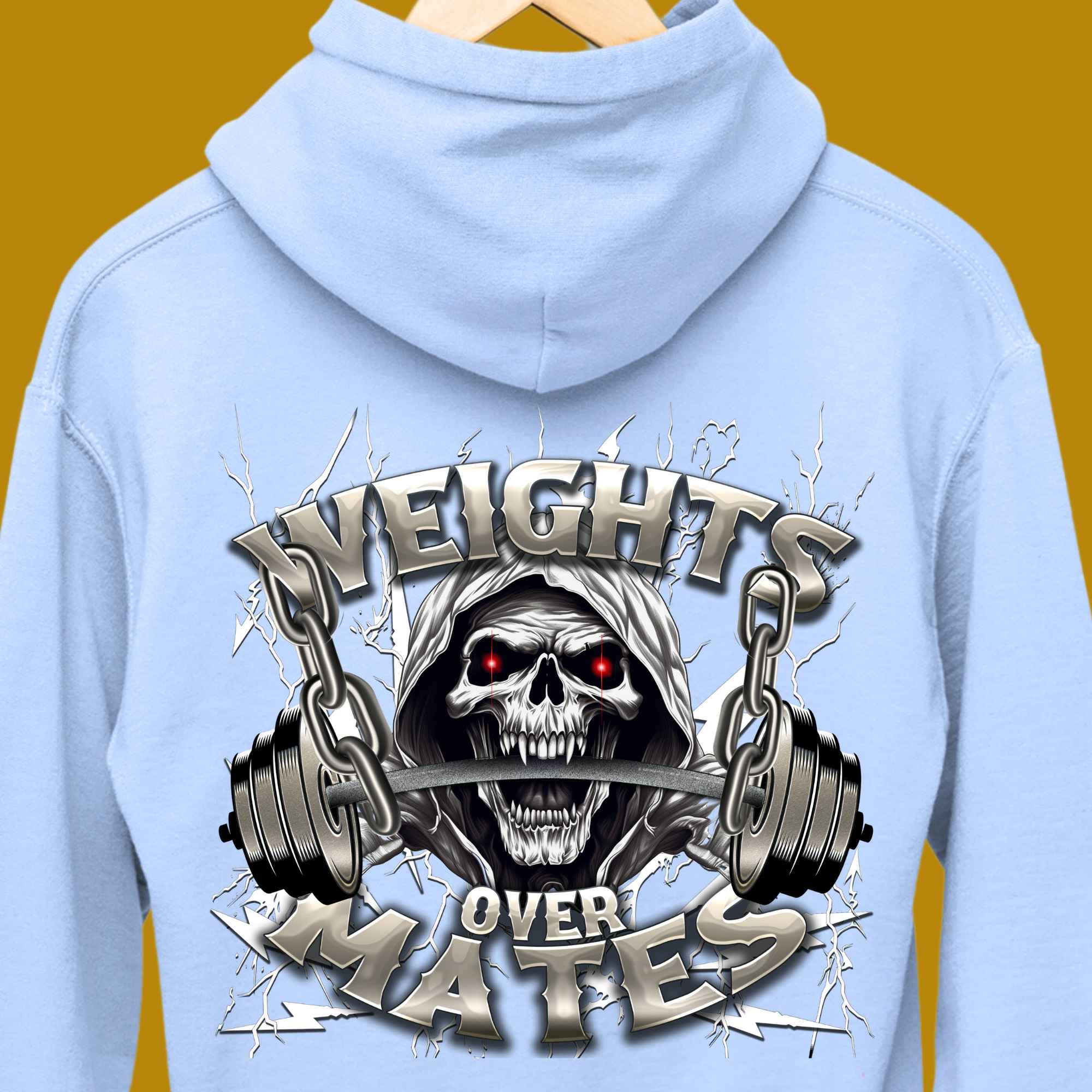 hoodie, for adults, men, size S, M, L, XL, 2XL, 3XL, round neckline, crew neck, fabric cotton, price starting from $29.99, body building, body builders, gym goers, fitness, workout, lifting, top, apparel, powerlifting, weightlifting, strength building, training, male, weight lifting, bar, weights, color blue, back print, weights over mates, quote, funny, Lifting first, Fitness first, weight before mates