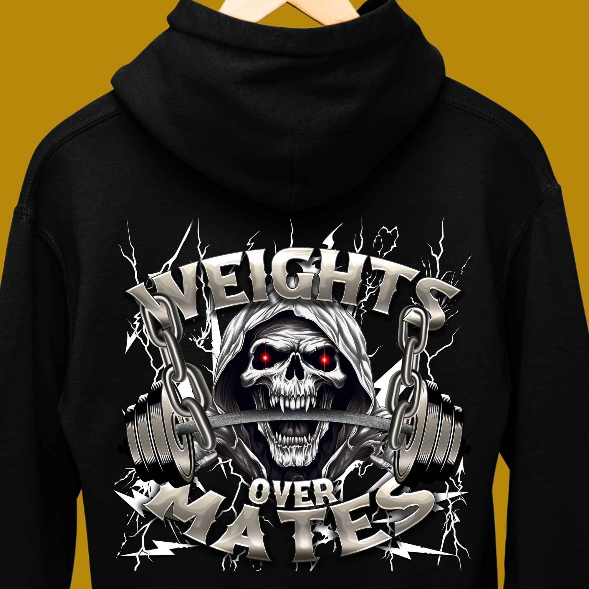 hoodie, for adults, men, size S, M, L, XL, 2XL, 3XL, round neckline, crew neck, fabric cotton, price starting from $29.99, body building, body builders, gym goers, fitness, workout, lifting, top, apparel, powerlifting, weightlifting, strength building, training, male, weight lifting, bar, weights, color black, back print, weights over mates, quote, funny, Lifting first, Fitness first, weight before mates