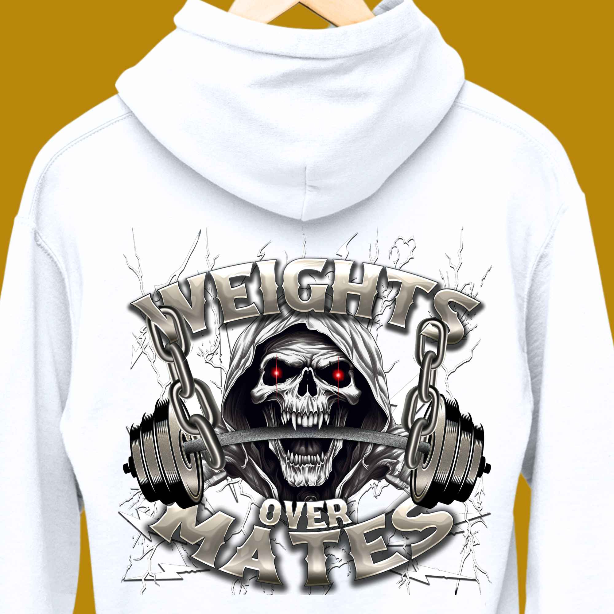 hoodie, for adults, men, size S, M, L, XL, 2XL, 3XL, round neckline, crew neck, fabric cotton, price starting from $29.99, body building, body builders, gym goers, fitness, workout, lifting, top, apparel, powerlifting, weightlifting, strength building, training, male, weight lifting, bar, weights, color white, back print, weights over mates, quote, funny, Lifting first, Fitness first, weight before mates