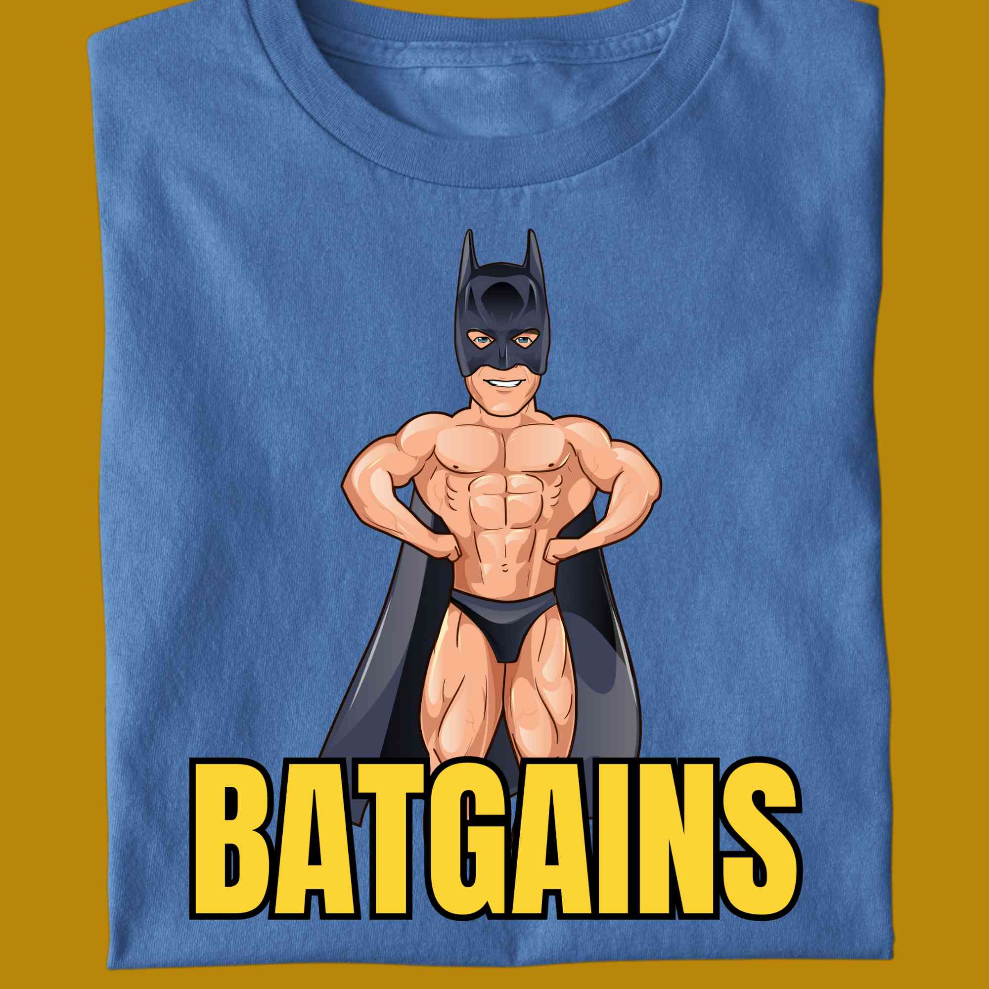 T-Shirt, funny, quote, parody, Batgains, bat gains, for adults, women and men, color blue, size S, M, L, XL, 2XL, 3XL, 4XL, 5XL, round neckline, fabric cotton, price starting from $22.99, body building, body builders, gym goers, fitness, workout, lifting, shirt, apparel, powerlifting, weightlifting, strength building, training, front print, male, female, weight lifting, Arnold Schwarzenegger, Batman, Arnie, Bat Man, comedy, character