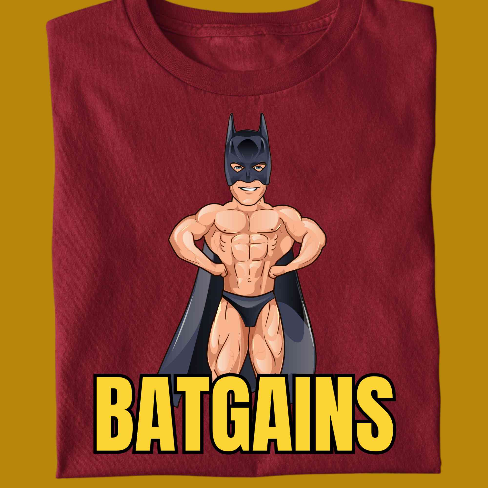 T-Shirt, funny, quote, parody, Batgains, bat gains, for adults, women and men, color red, size S, M, L, XL, 2XL, 3XL, 4XL, 5XL, round neckline, fabric cotton, price starting from $22.99, body building, body builders, gym goers, fitness, workout, lifting, shirt, apparel, powerlifting, weightlifting, strength building, training, front print, male, female, weight lifting, Arnold Schwarzenegger, Batman, Arnie, Bat Man, comedy, character