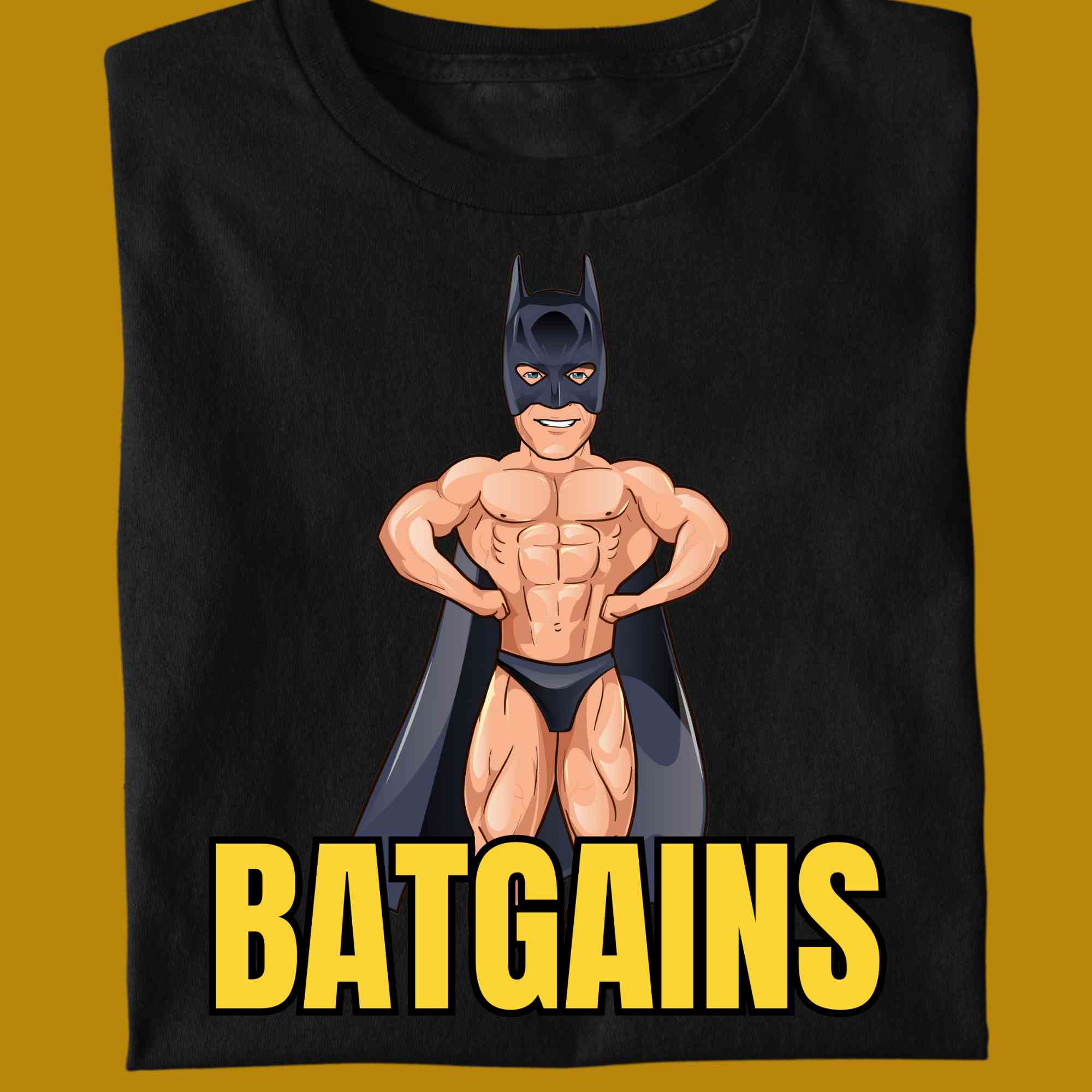 T-Shirt, funny, quote, parody, Batgains, bat gains, for adults, women and men, color black, size S, M, L, XL, 2XL, 3XL, 4XL, 5XL, round neckline, fabric cotton, price starting from $22.99, body building, body builders, gym goers, fitness, workout, lifting, shirt, apparel, powerlifting, weightlifting, strength building, training, front print, male, female, weight lifting, Arnold Schwarzenegger, Batman, Arnie, Bat Man, comedy, character