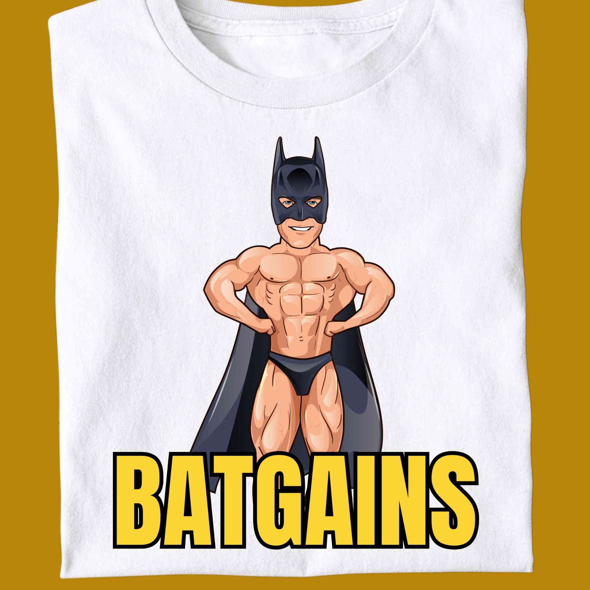 T-Shirt, funny, quote, parody, Batgains, bat gains, for adults, women and men, color white, size S, M, L, XL, 2XL, 3XL, 4XL, 5XL, round neckline, fabric cotton, price starting from $22.99, body building, body builders, gym goers, fitness, workout, lifting, shirt, apparel, powerlifting, weightlifting, strength building, training, front print, male, female, weight lifting, Arnold Schwarzenegger, Batman, Arnie, Bat Man, comedy, character