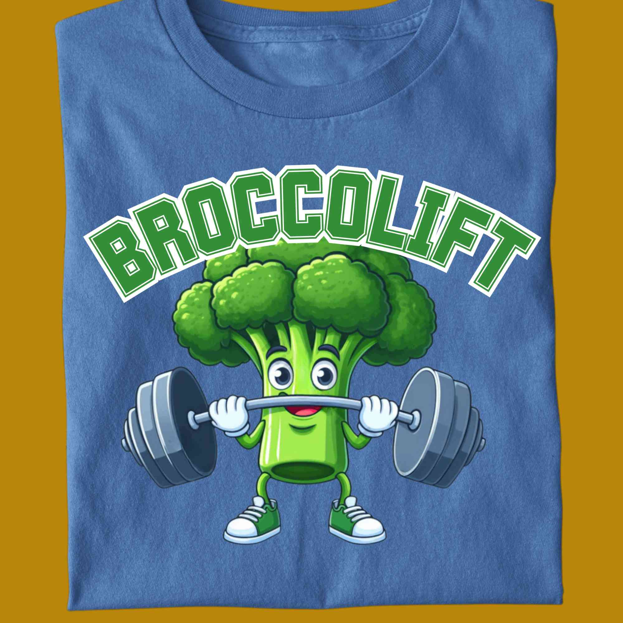 T-Shirt, funny, quote, parody, broccolift, brocco lift, for adults, women and men, color blue, size S, M, L, XL, 2XL, 3XL, 4XL, 5XL, round neckline, fabric cotton, price starting from $22.99, body building, body builders, gym goers, fitness, workout, lifting, shirt, apparel, powerlifting, weightlifting, strength building, training, front print, male, female, weight lifting, comedy, character, vegetable, veggie, brokkoli, broccoli, bar, weights, college, cute