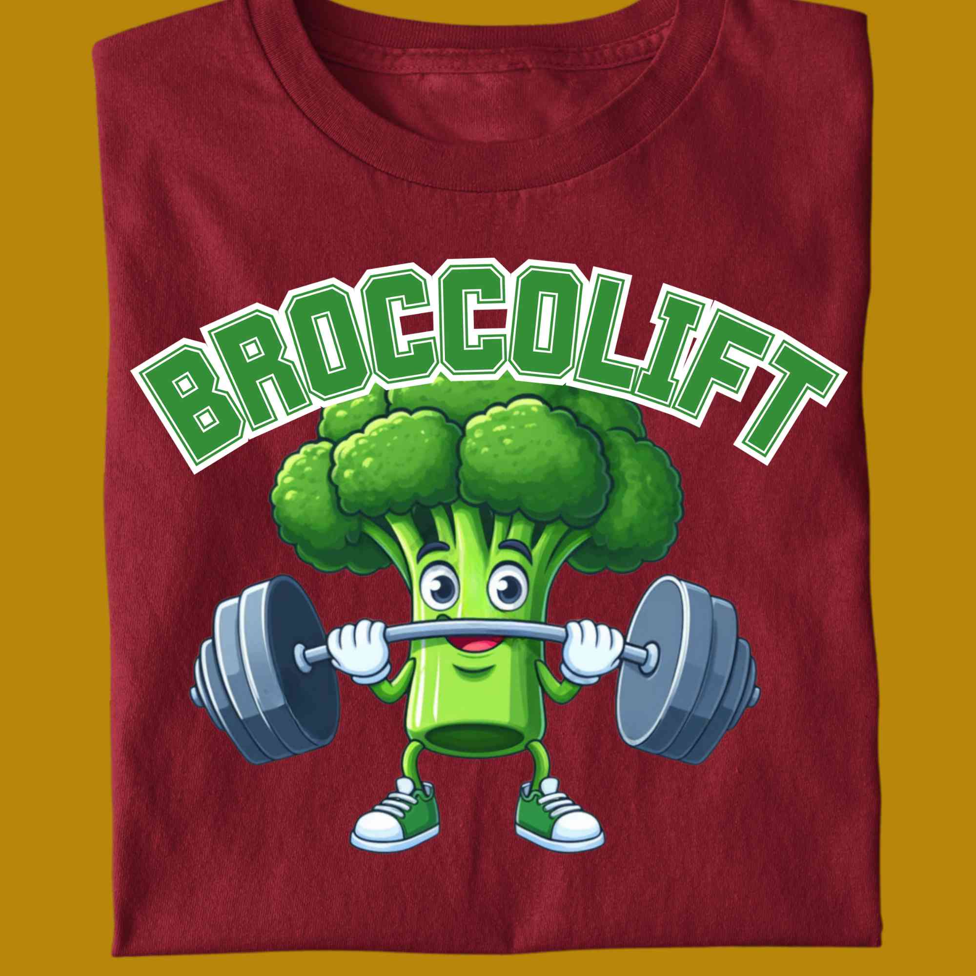 T-Shirt, funny, quote, parody, broccolift, brocco lift, for adults, women and men, color red, size S, M, L, XL, 2XL, 3XL, 4XL, 5XL, round neckline, fabric cotton, price starting from $22.99, body building, body builders, gym goers, fitness, workout, lifting, shirt, apparel, powerlifting, weightlifting, strength building, training, front print, male, female, weight lifting, comedy, character, vegetable, veggie, brokkoli, broccoli, bar, weights, college, cute