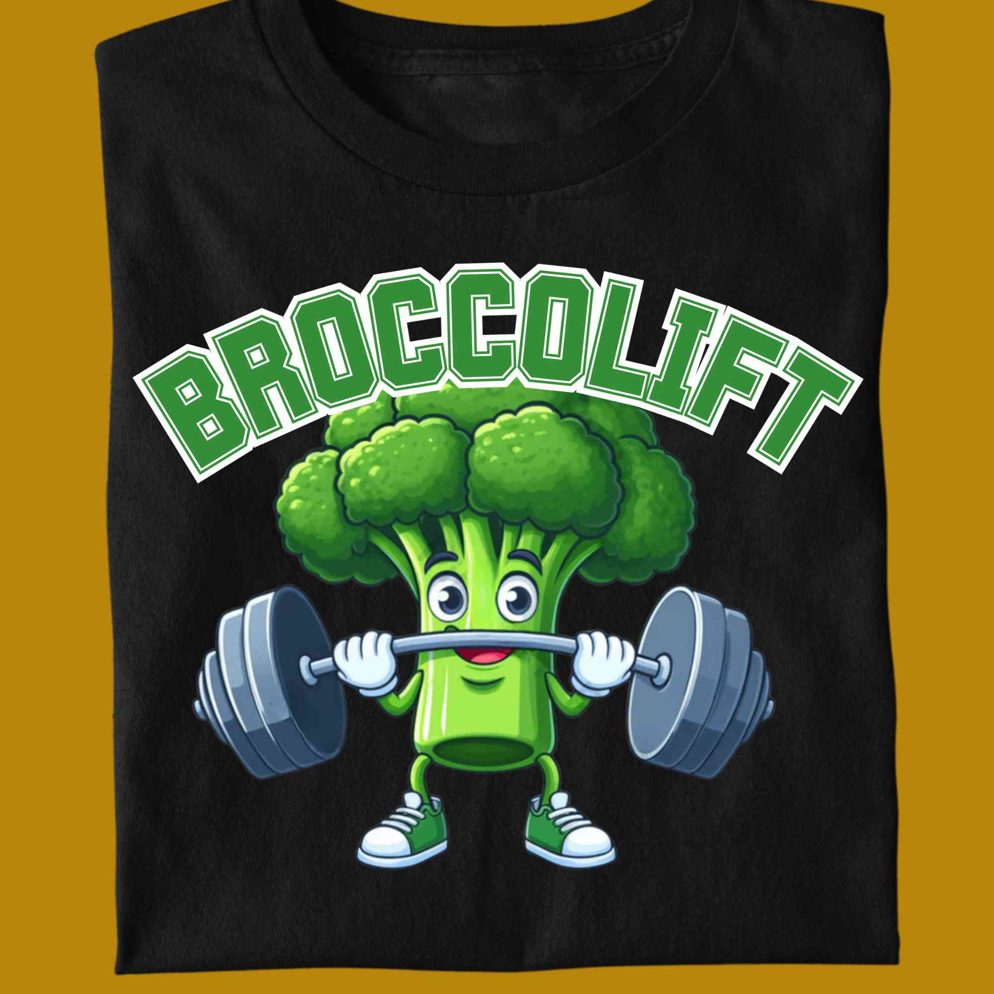 T-Shirt, funny, quote, parody, broccolift, brocco lift, for adults, women and men, color black, size S, M, L, XL, 2XL, 3XL, 4XL, 5XL, round neckline, fabric cotton, price starting from $22.99, body building, body builders, gym goers, fitness, workout, lifting, shirt, apparel, powerlifting, weightlifting, strength building, training, front print, male, female, weight lifting, comedy, character, vegetable, veggie, brokkoli, broccoli, bar, weights, college, cute