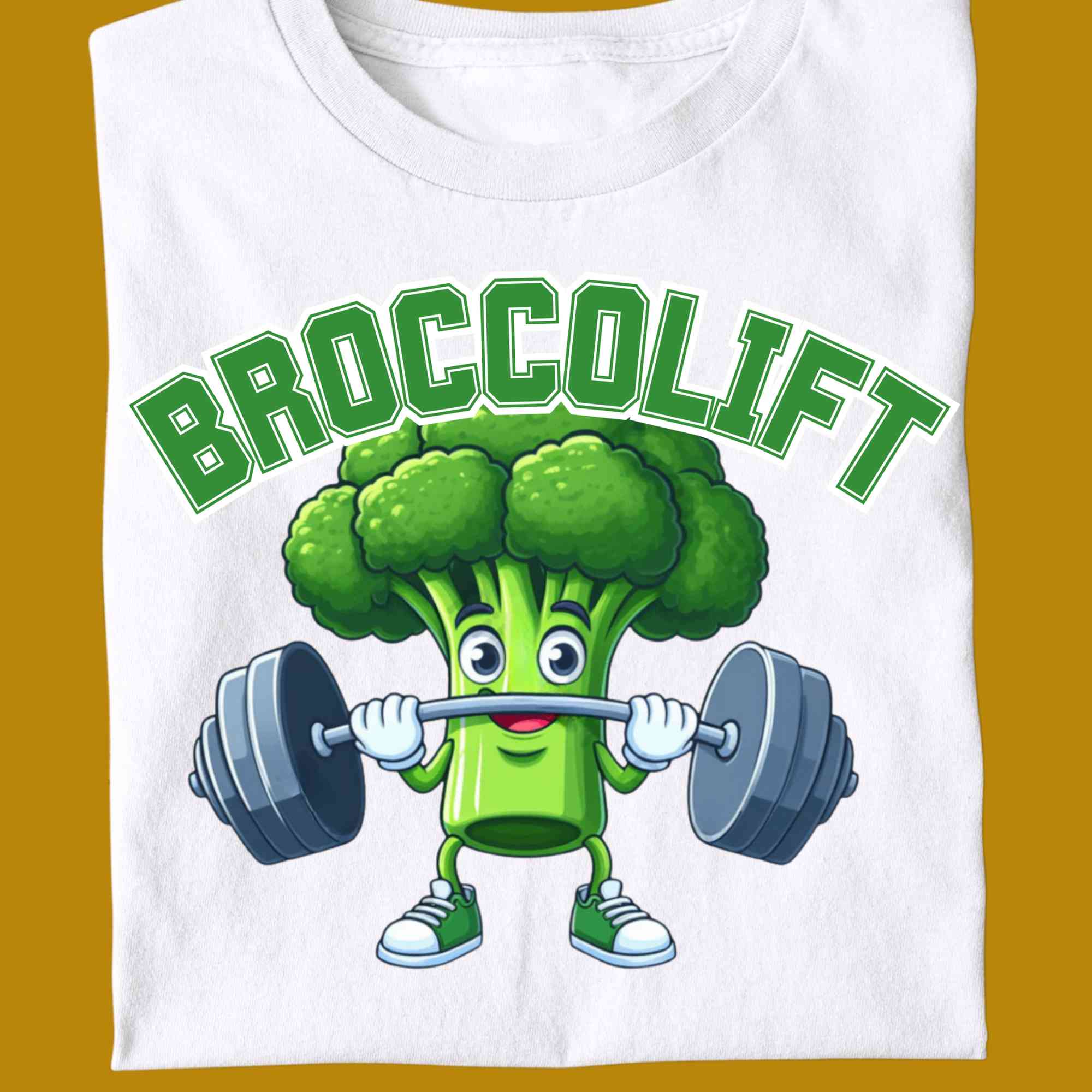 T-Shirt, funny, quote, parody, broccolift, brocco lift, for adults, women and men, color white, size S, M, L, XL, 2XL, 3XL, 4XL, 5XL, round neckline, fabric cotton, price starting from $22.99, body building, body builders, gym goers, fitness, workout, lifting, shirt, apparel, powerlifting, weightlifting, strength building, training, front print, male, female, weight lifting, comedy, character, vegetable, veggie, brokkoli, broccoli, bar, weights, college, cute