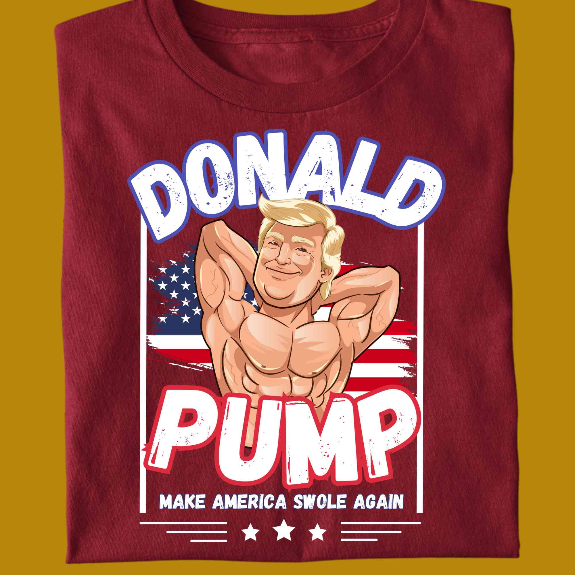 T-Shirt, funny, quote, parody, Donald Pump, for adults, women and men, color red, size S, M, L, XL, 2XL, 3XL, 4XL, 5XL, round neckline, fabric cotton, price starting from $22.99, body building, body builders, gym goers, fitness, workout, lifting, shirt, apparel, powerlifting, weightlifting, strength building, training, front print, male, female, weight lifting, comedy, character, Donald Trump, make america great again, maga, make america swole again, politics, gift