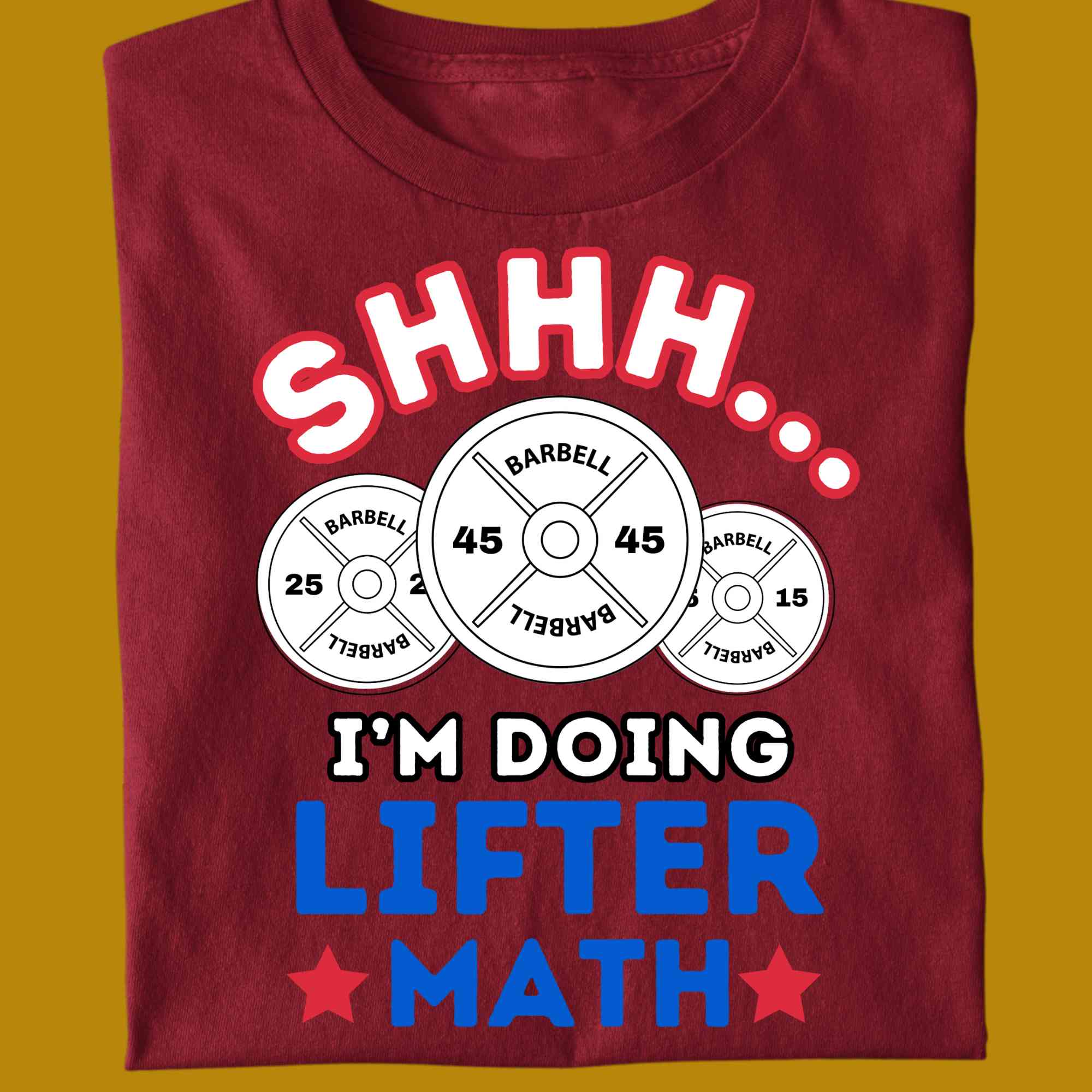 T-Shirt, funny, quote, parody, I'm doing lifter math, shhh, for adults, women and men, color red, size S, M, L, XL, 2XL, 3XL, 4XL, 5XL, round neckline, fabric cotton, price starting from $22.99, body building, body builders, gym goers, fitness, workout, lifting, shirt, apparel, powerlifting, weightlifting, strength building, training, front print, male, female, weight lifting, comedy, real situation, real life, calculating weights, calculate, silent, can't talk