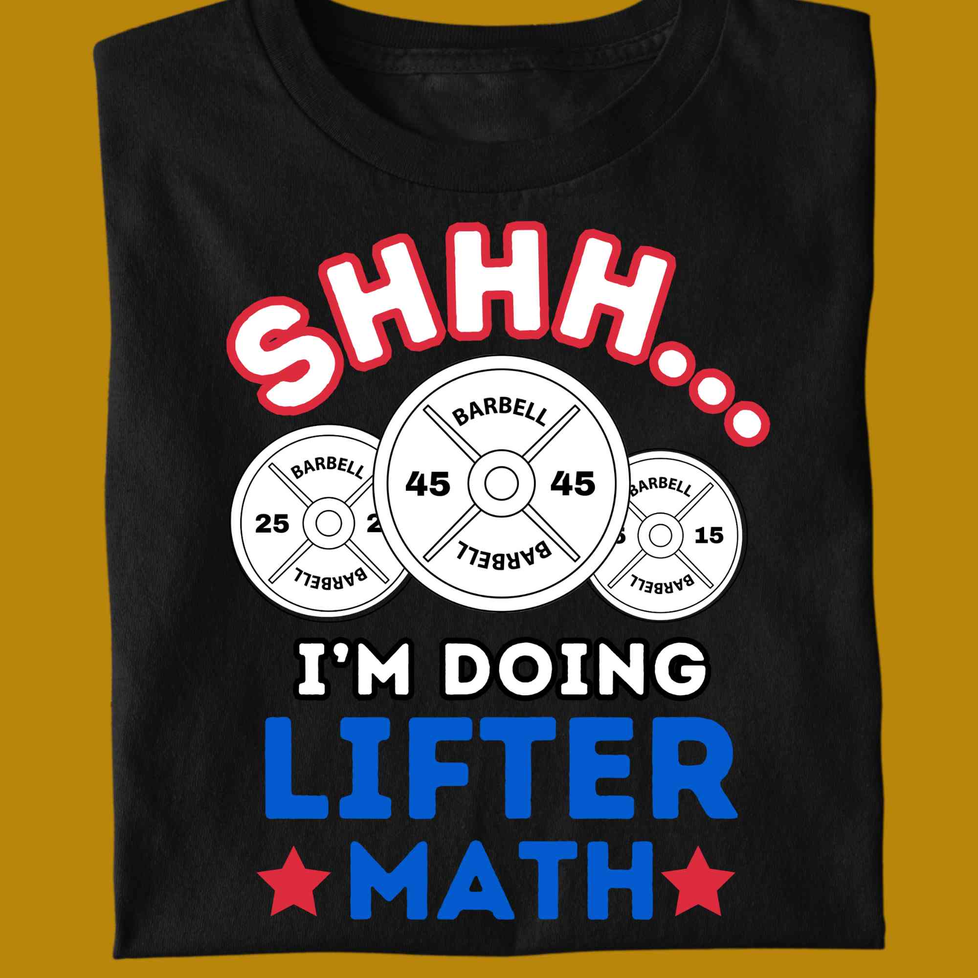 T-Shirt, funny, quote, parody, I'm doing lifter math, shhh, for adults, women and men, color black, size S, M, L, XL, 2XL, 3XL, 4XL, 5XL, round neckline, fabric cotton, price starting from $22.99, body building, body builders, gym goers, fitness, workout, lifting, shirt, apparel, powerlifting, weightlifting, strength building, training, front print, male, female, weight lifting, comedy, real situation, real life, calculating weights, calculate, silent, can't talk