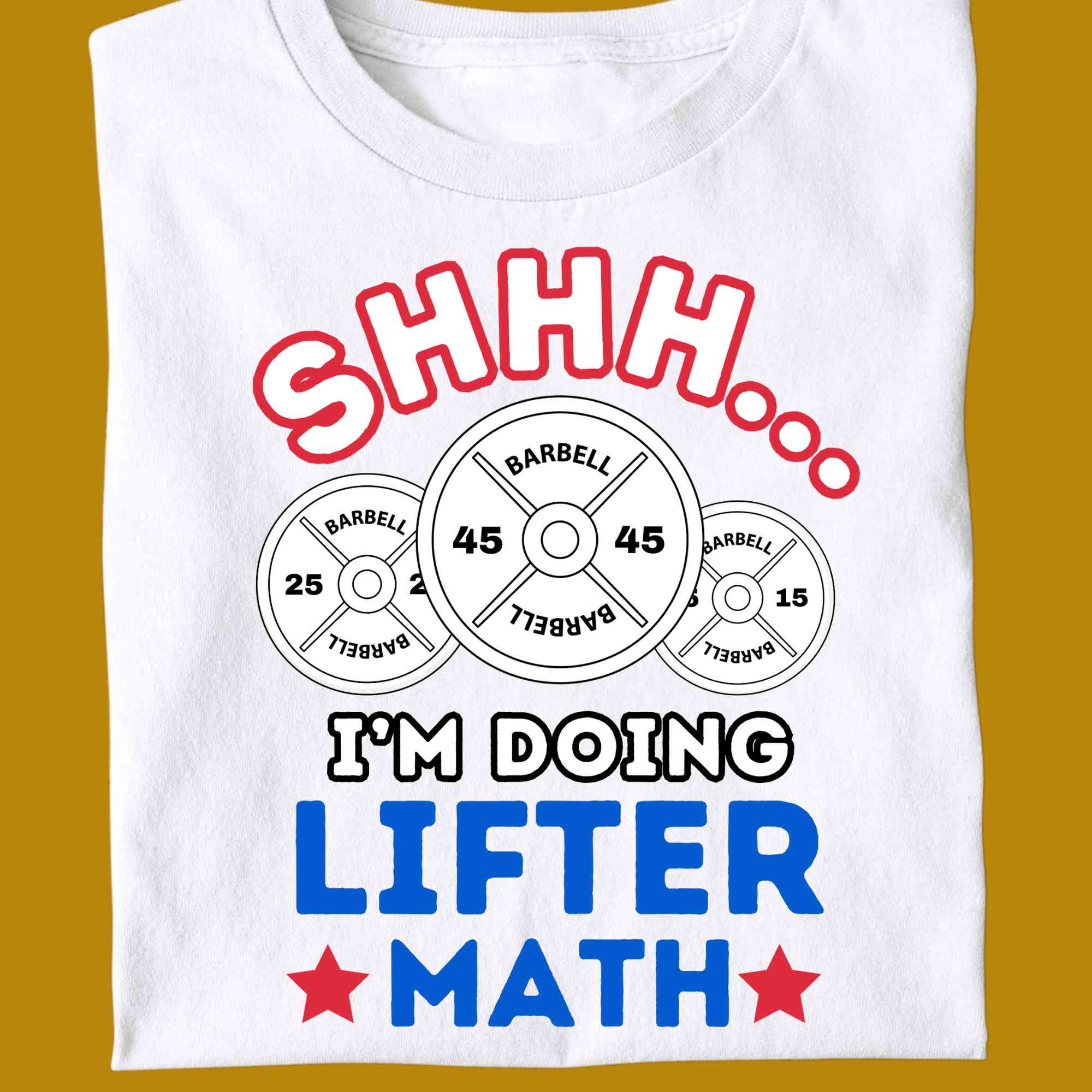 T-Shirt, funny, quote, parody, I'm doing lifter math, shhh, for adults, women and men, color white, size S, M, L, XL, 2XL, 3XL, 4XL, 5XL, round neckline, fabric cotton, price starting from $22.99, body building, body builders, gym goers, fitness, workout, lifting, shirt, apparel, powerlifting, weightlifting, strength building, training, front print, male, female, weight lifting, comedy, real situation, real life, calculating weights, calculate, silent, can't talk