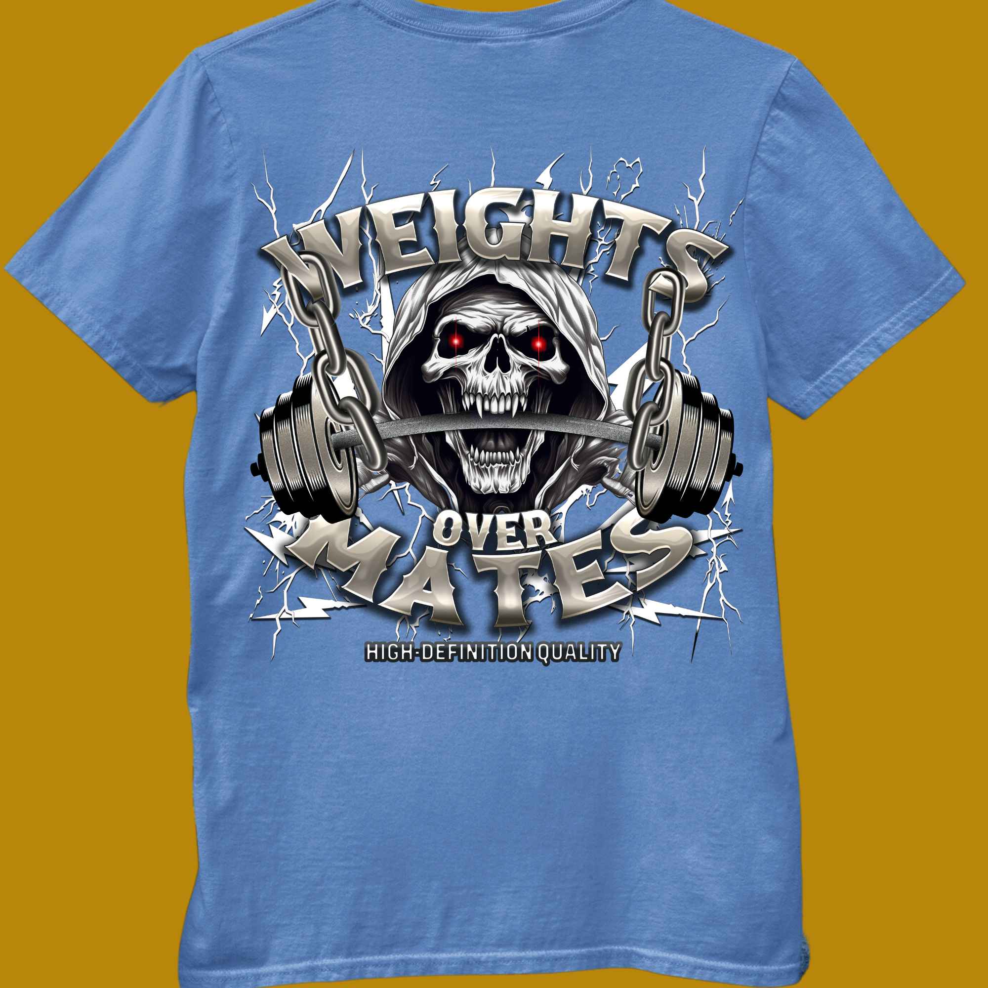 t-shirt, for adults, women and men, size S, M, L, XL, 2XL, 3XL, 4XL, 5XL, round neckline, crew neck, fabric cotton, price starting from $22.99, body building, body builders, gym goers, fitness, workout, lifting, top, apparel, powerlifting, weightlifting, strength building, training, male, female, weight lifting, bar, weights, color blue, back print, weights over mates, Quote, funny, Lifting first, Fitness first, weight before mates