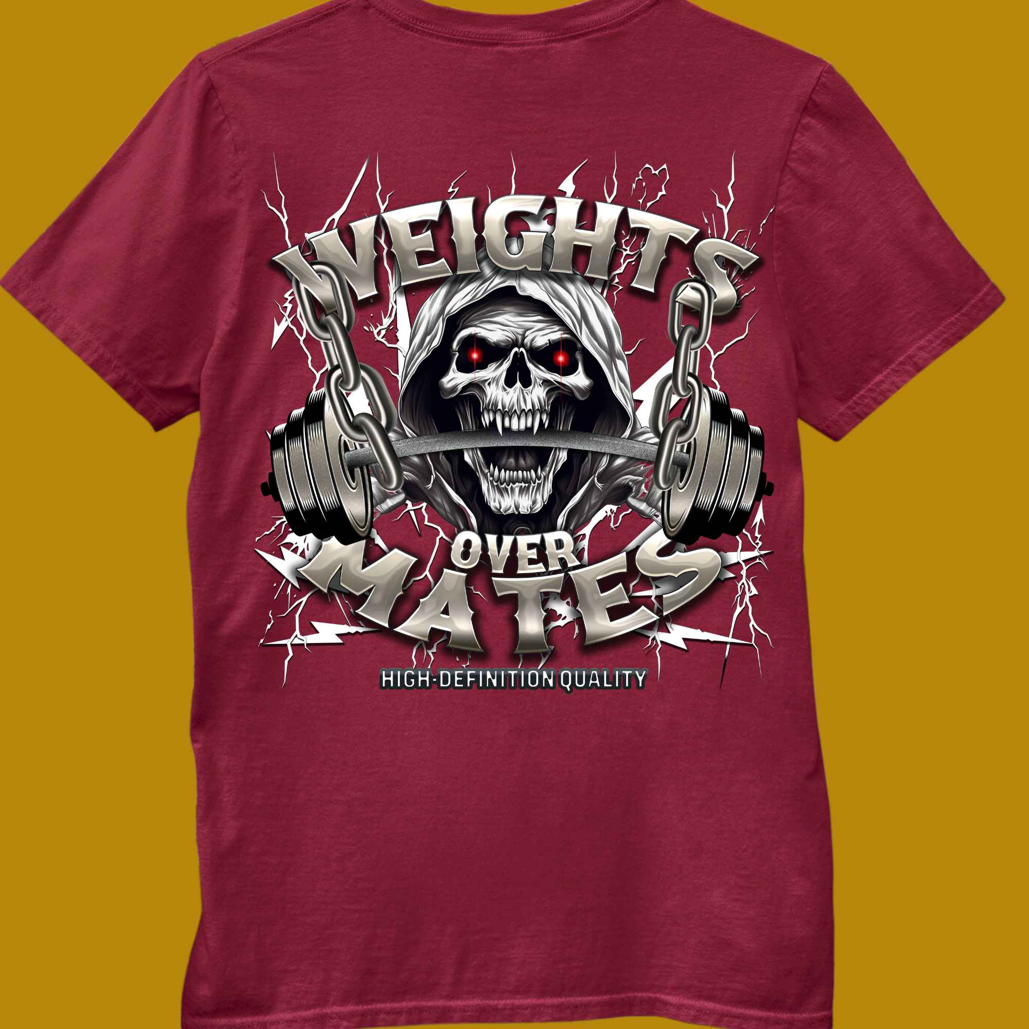 t-shirt, for adults, women and men, size S, M, L, XL, 2XL, 3XL, 4XL, 5XL, round neckline, crew neck, fabric cotton, price starting from $22.99, body building, body builders, gym goers, fitness, workout, lifting, top, apparel, powerlifting, weightlifting, strength building, training, male, female, weight lifting, bar, weights, color red, back print, weights over mates, Quote, funny, Lifting first, Fitness first, weight before mates