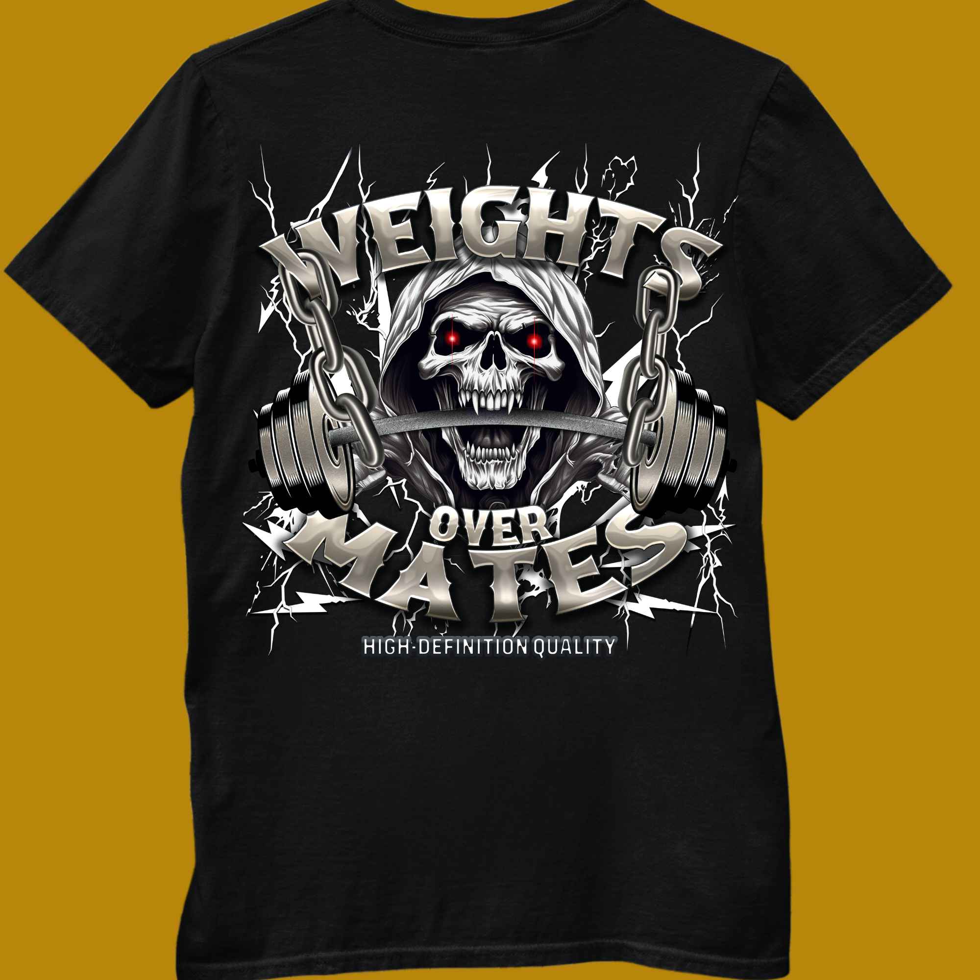 t-shirt, for adults, women and men, size S, M, L, XL, 2XL, 3XL, 4XL, 5XL, round neckline, crew neck, fabric cotton, price starting from $22.99, body building, body builders, gym goers, fitness, workout, lifting, top, apparel, powerlifting, weightlifting, strength building, training, male, female, weight lifting, bar, weights, color black, back print, weights over mates, Quote, funny, Lifting first, Fitness first, weight before mates