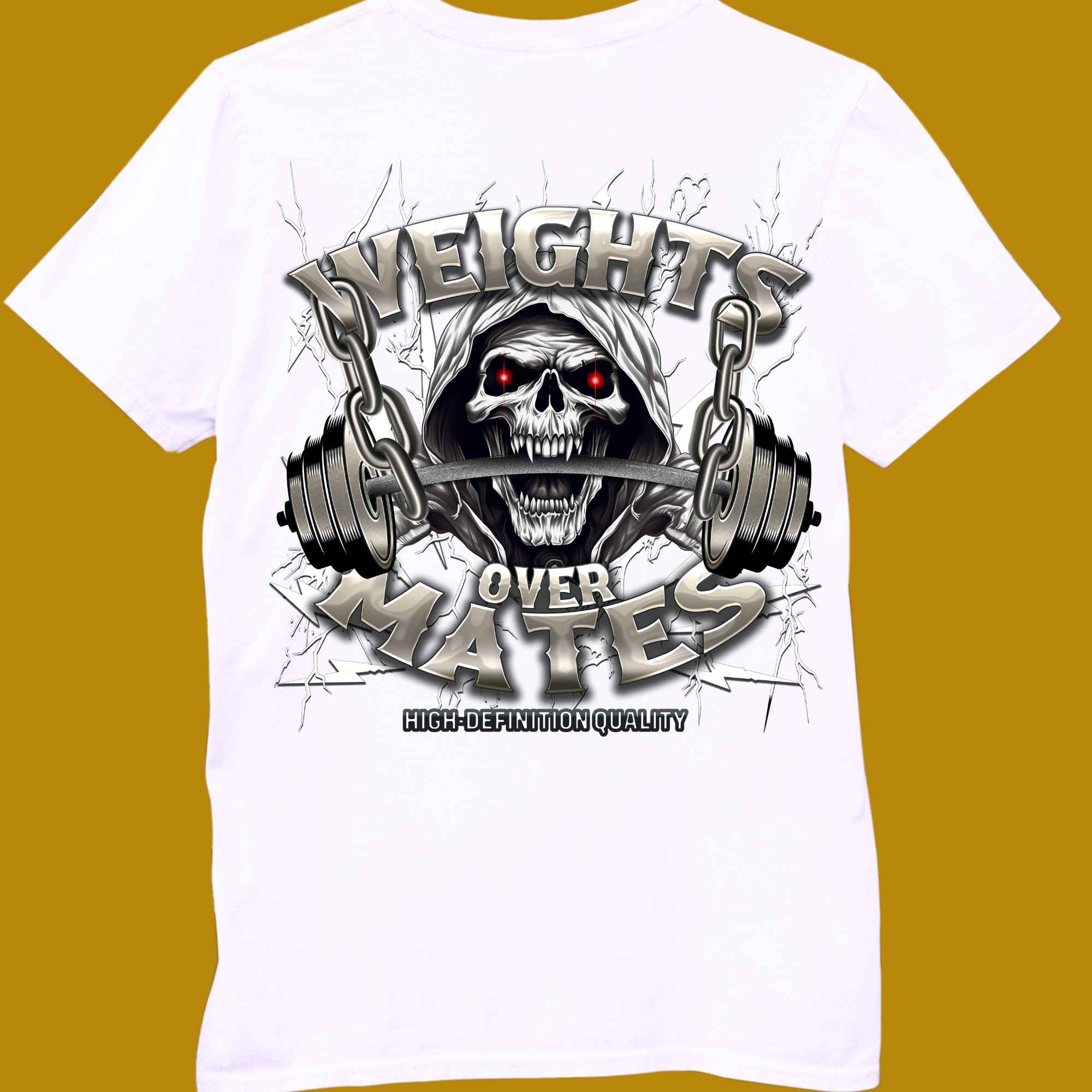 t-shirt, for adults, women and men, size S, M, L, XL, 2XL, 3XL, 4XL, 5XL, round neckline, crew neck, fabric cotton, price starting from $22.99, body building, body builders, gym goers, fitness, workout, lifting, top, apparel, powerlifting, weightlifting, strength building, training, male, female, weight lifting, bar, weights, color white, back print, weights over mates, Quote, funny, Lifting first, Fitness first, weight before mates