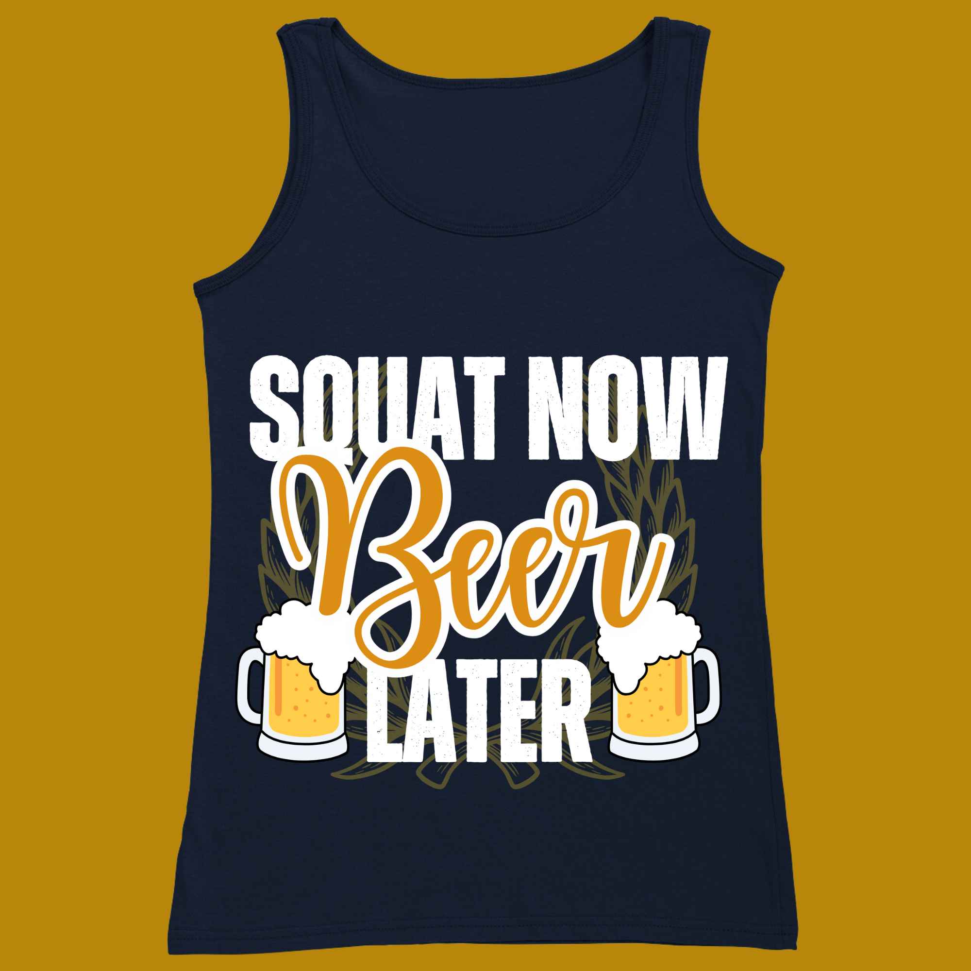 tank top, for adults, men, size XS, S, M, L, XL, 2XL, 3XL, round neckline, crew neck, fabric cotton, price starting from $22.99, body building, body builders, gym goers, fitness, workout, lifting, top, apparel, powerlifting, weightlifting, strength building, training, male, weight lifting, bar, weights, color navy, front print, squat now, beer later, alcohol, squatting, squats, funny, quote