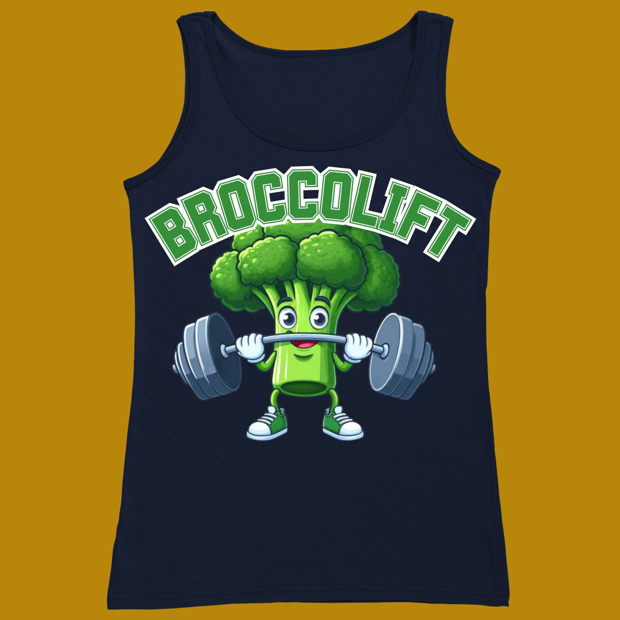 tank top, funny, quote, parody, broccolift, brocco lift, for adults, women and men, color navy, size XS, S, M, L, XL, 2XL, 3XL, round neckline, crew neck, fabric cotton, price starting from $22.99, body building, body builders, gym goers, fitness, workout, lifting, top, apparel, powerlifting, weightlifting, strength building, training, front print, male, female, weight lifting, comedy, character, vegetable, veggie, brokkoli, broccoli, bar, weights, college, cute