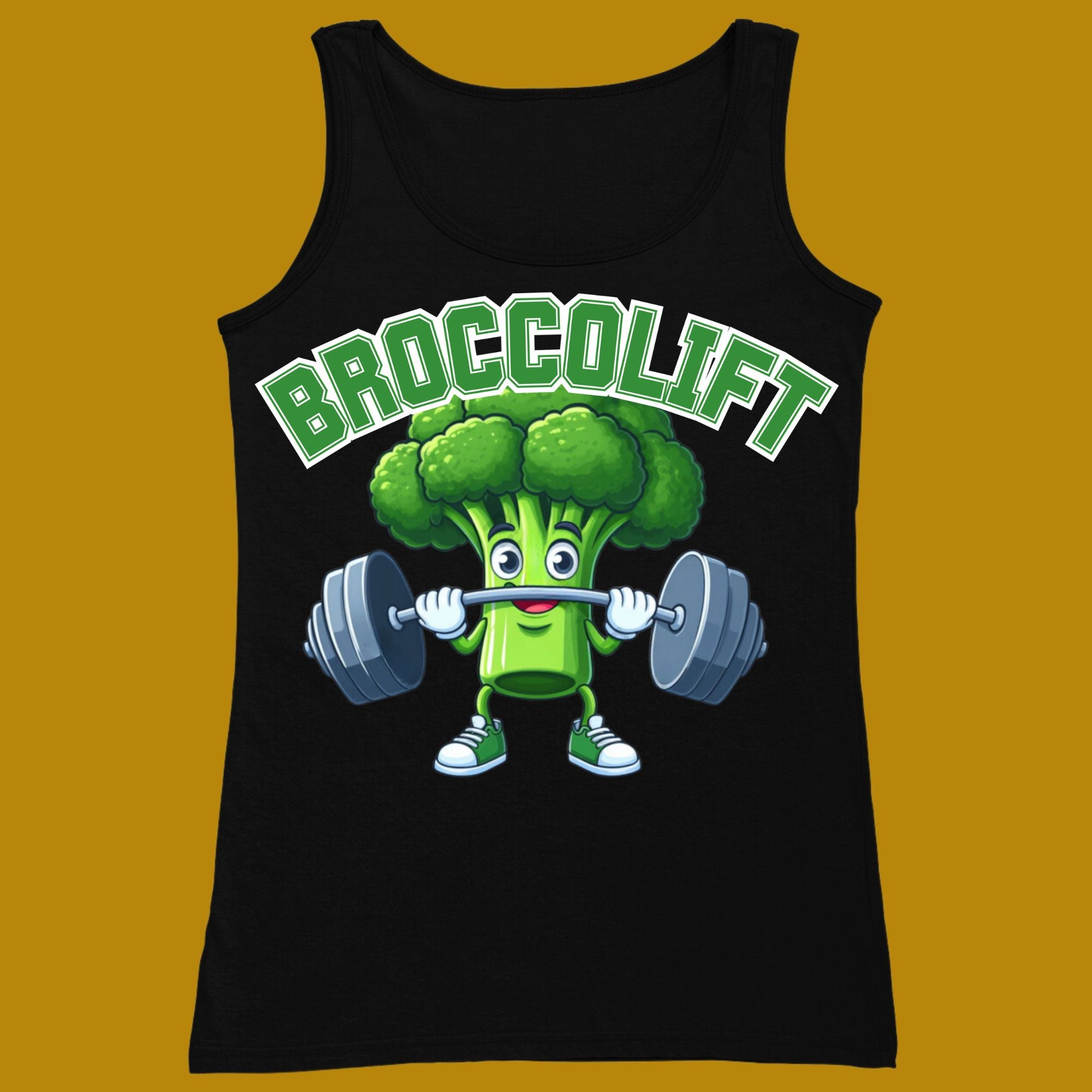 tank top, funny, quote, parody, broccolift, brocco lift, for adults, women and men, color black, size XS, S, M, L, XL, 2XL, 3XL, round neckline, crew neck, fabric cotton, price starting from $22.99, body building, body builders, gym goers, fitness, workout, lifting, top, apparel, powerlifting, weightlifting, strength building, training, front print, male, female, weight lifting, comedy, character, vegetable, veggie, brokkoli, broccoli, bar, weights, college, cute