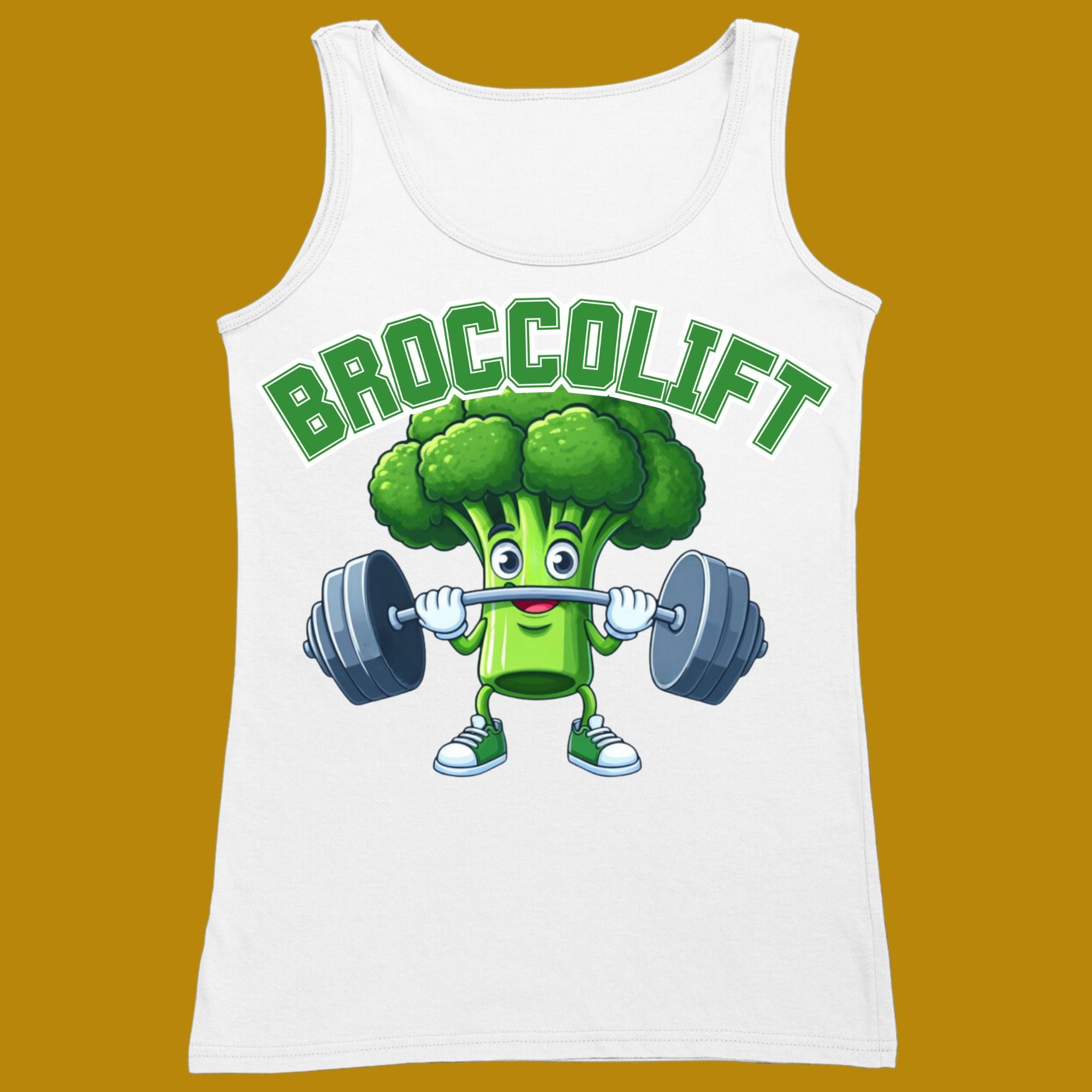 tank top, funny, quote, parody, broccolift, brocco lift, for adults, women and men, color white, size XS, S, M, L, XL, 2XL, 3XL, round neckline, crew neck, fabric cotton, price starting from $22.99, body building, body builders, gym goers, fitness, workout, lifting, top, apparel, powerlifting, weightlifting, strength building, training, front print, male, female, weight lifting, comedy, character, vegetable, veggie, brokkoli, broccoli, bar, weights, college, cute