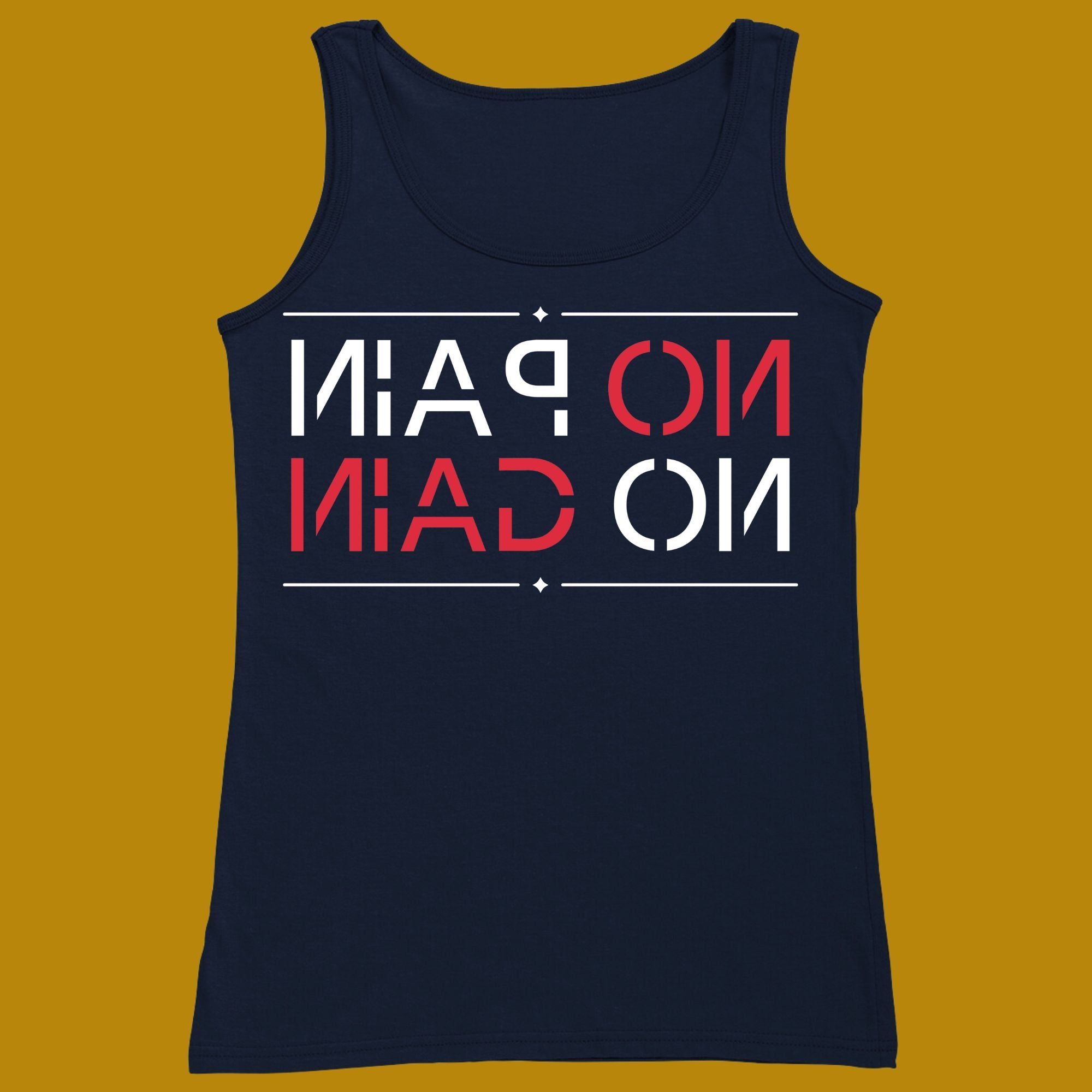 tank top, funny, quote, parody, no pain no gain, for adults, women and men, color navy, XS, S, M, L, XL, 2XL, 3XL, round neckline, crew neck, fabric cotton, price starting from $22.99, body building, body builders, gym goers, fitness, workout, lifting, top, apparel, powerlifting, weightlifting, strength building, training, front print, male, female, weight lifting, weights, motivation, basic, motivate, classic