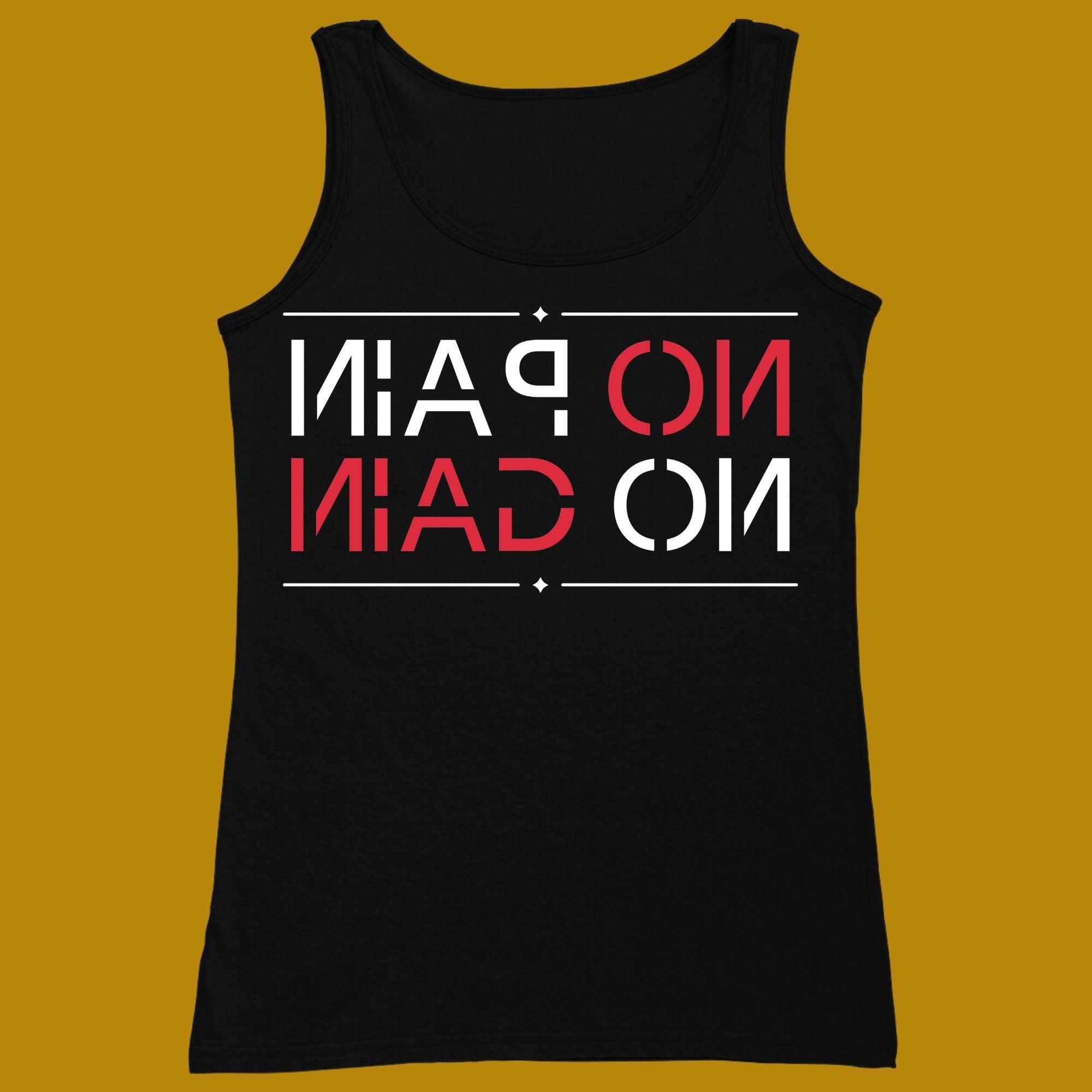 tank top, funny, quote, parody, no pain no gain, for adults, women and men, color black, XS, S, M, L, XL, 2XL, 3XL, round neckline, crew neck, fabric cotton, price starting from $22.99, body building, body builders, gym goers, fitness, workout, lifting, top, apparel, powerlifting, weightlifting, strength building, training, front print, male, female, weight lifting, weights, motivation, basic, motivate, classic