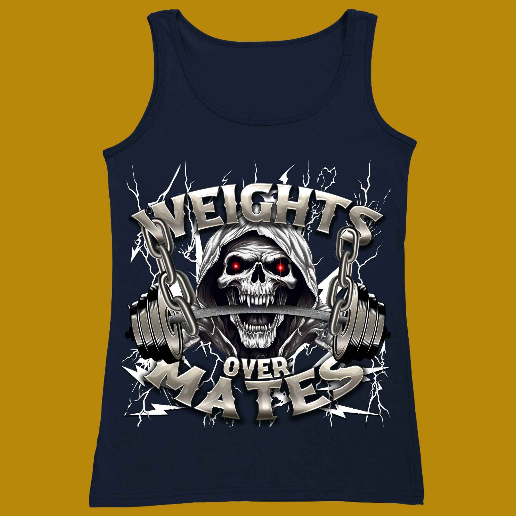 tank top, for adults, women and men, size XS, S, M, L, XL, 2XL, 3XL, round neckline, crew neck, fabric cotton, price starting from $22.99, body building, body builders, gym goers, fitness, workout, lifting, top, apparel, powerlifting, weightlifting, strength building, training, male, female, weight lifting, bar, weights, color navy, front print, weights over mates, Quote, funny, Lifting first, Fitness first, weight before mates