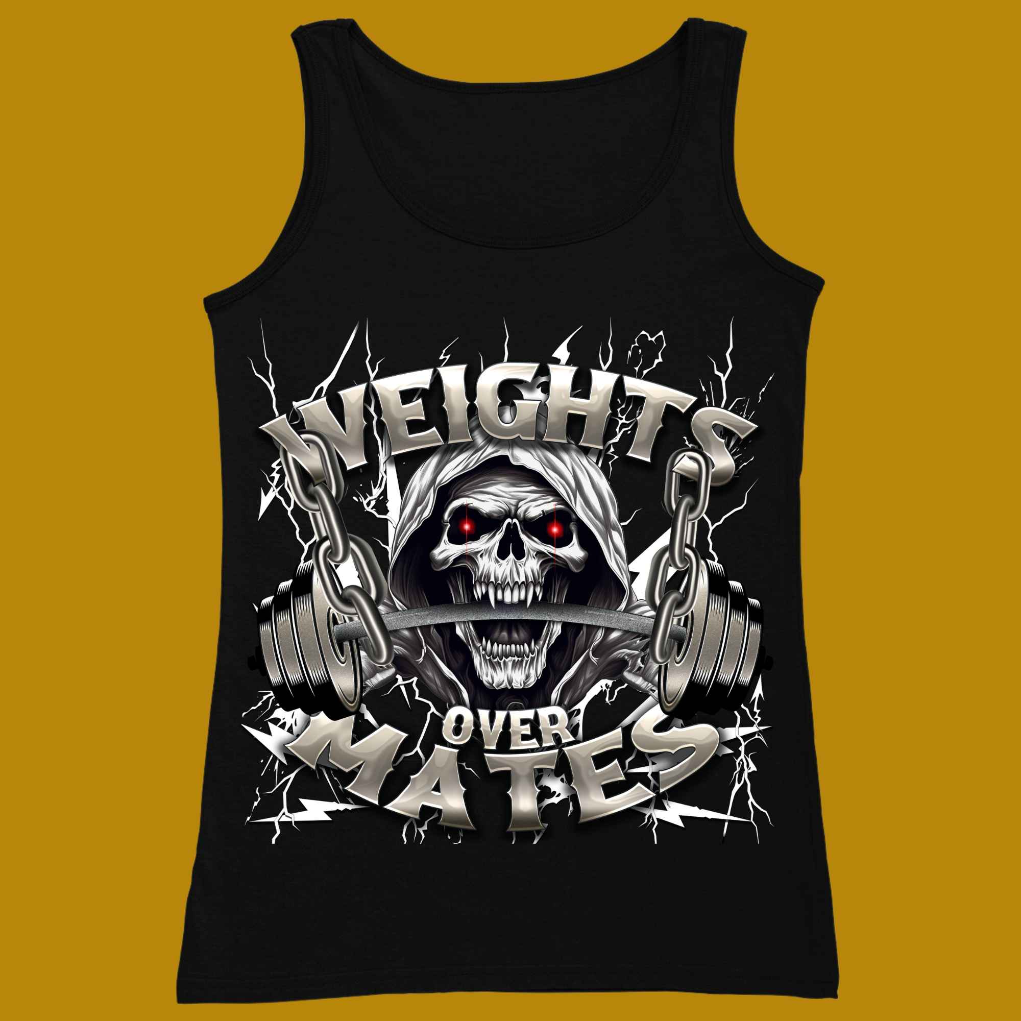 tank top, for adults, women and men, size XS, S, M, L, XL, 2XL, 3XL, round neckline, crew neck, fabric cotton, price starting from $22.99, body building, body builders, gym goers, fitness, workout, lifting, top, apparel, powerlifting, weightlifting, strength building, training, male, female, weight lifting, bar, weights, color black, front print, weights over mates, Quote, funny, Lifting first, Fitness first, weight before mates