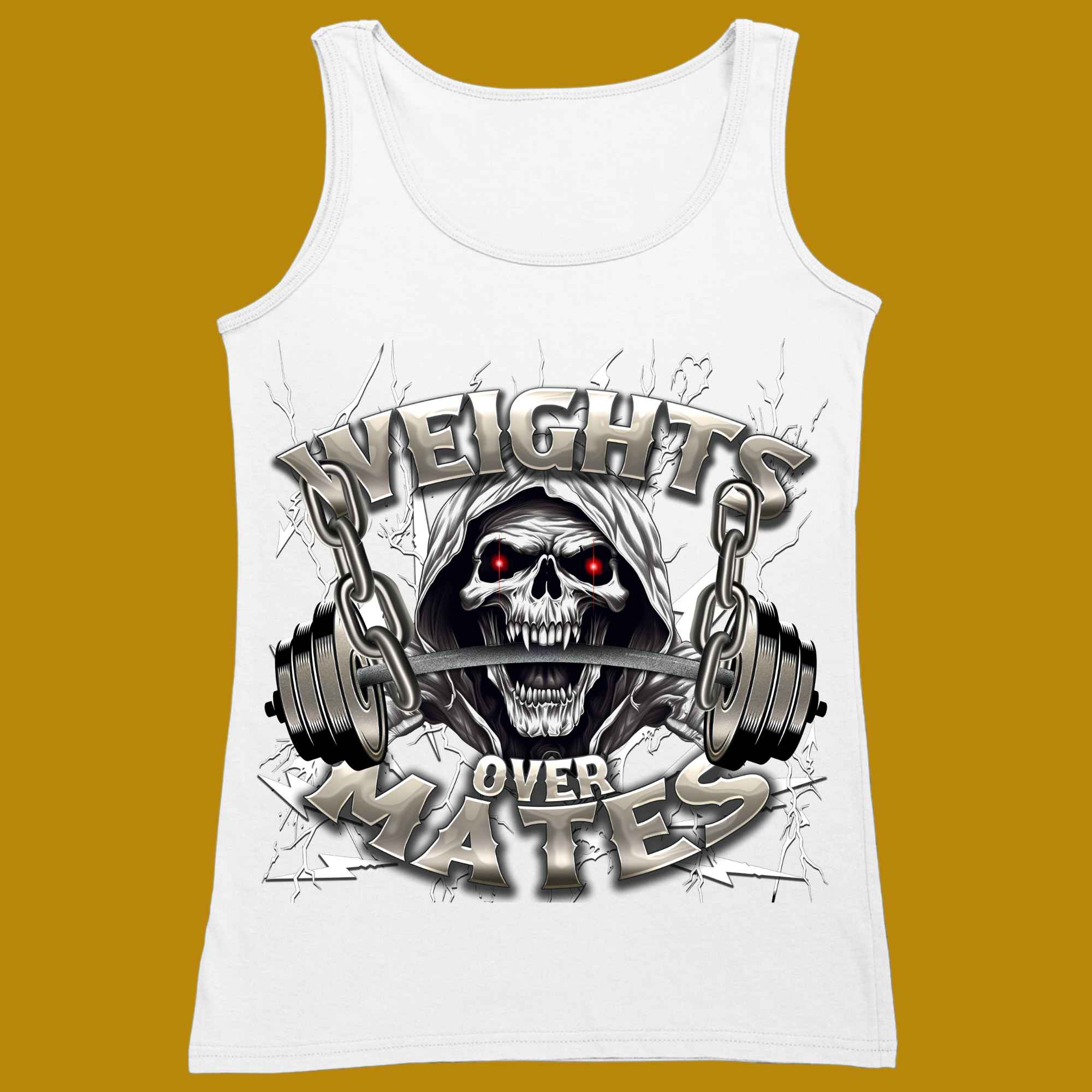 tank top, for adults, women and men, size XS, S, M, L, XL, 2XL, 3XL, round neckline, crew neck, fabric cotton, price starting from $22.99, body building, body builders, gym goers, fitness, workout, lifting, top, apparel, powerlifting, weightlifting, strength building, training, male, female, weight lifting, bar, weights, color white, front print, weights over mates, Quote, funny, Lifting first, Fitness first, weight before mates